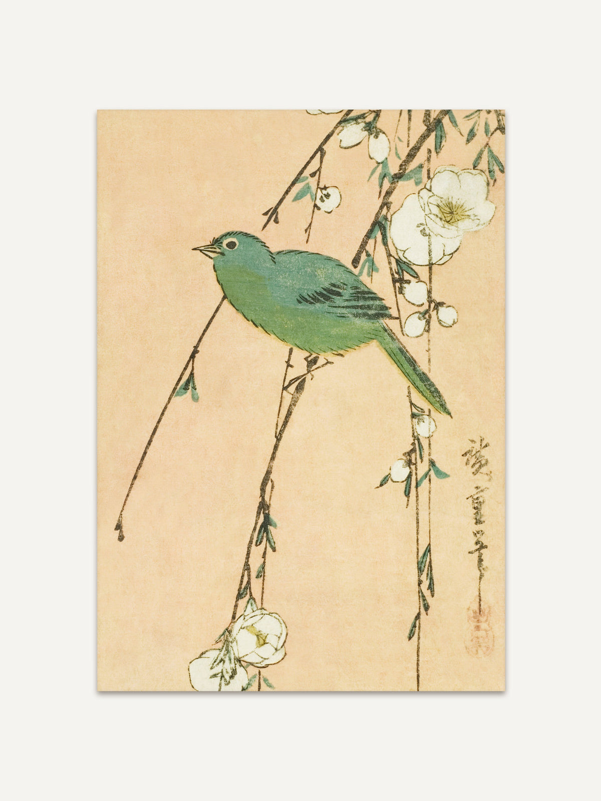 Chinoiserie Kunstdruck mit einem grünen Vogel auf einem blühenden Zweig vor hellem Hintergrund. Die Illustration vereint klare Linien und sanfte Farben. #Rahmen_Ohne Rahmen