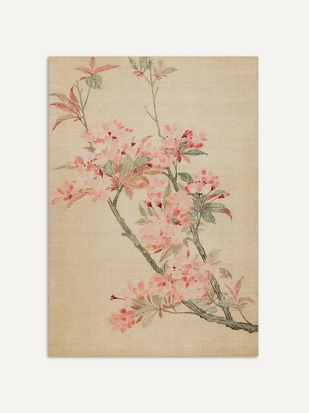 Japandi Kunstdruck mit zarten rosa Kirschblüten und grünen Blättern auf beigem Hintergrund. Die Illustration erinnert an eine botanische Vintage Zeichnung und strahlt Ruhe aus.