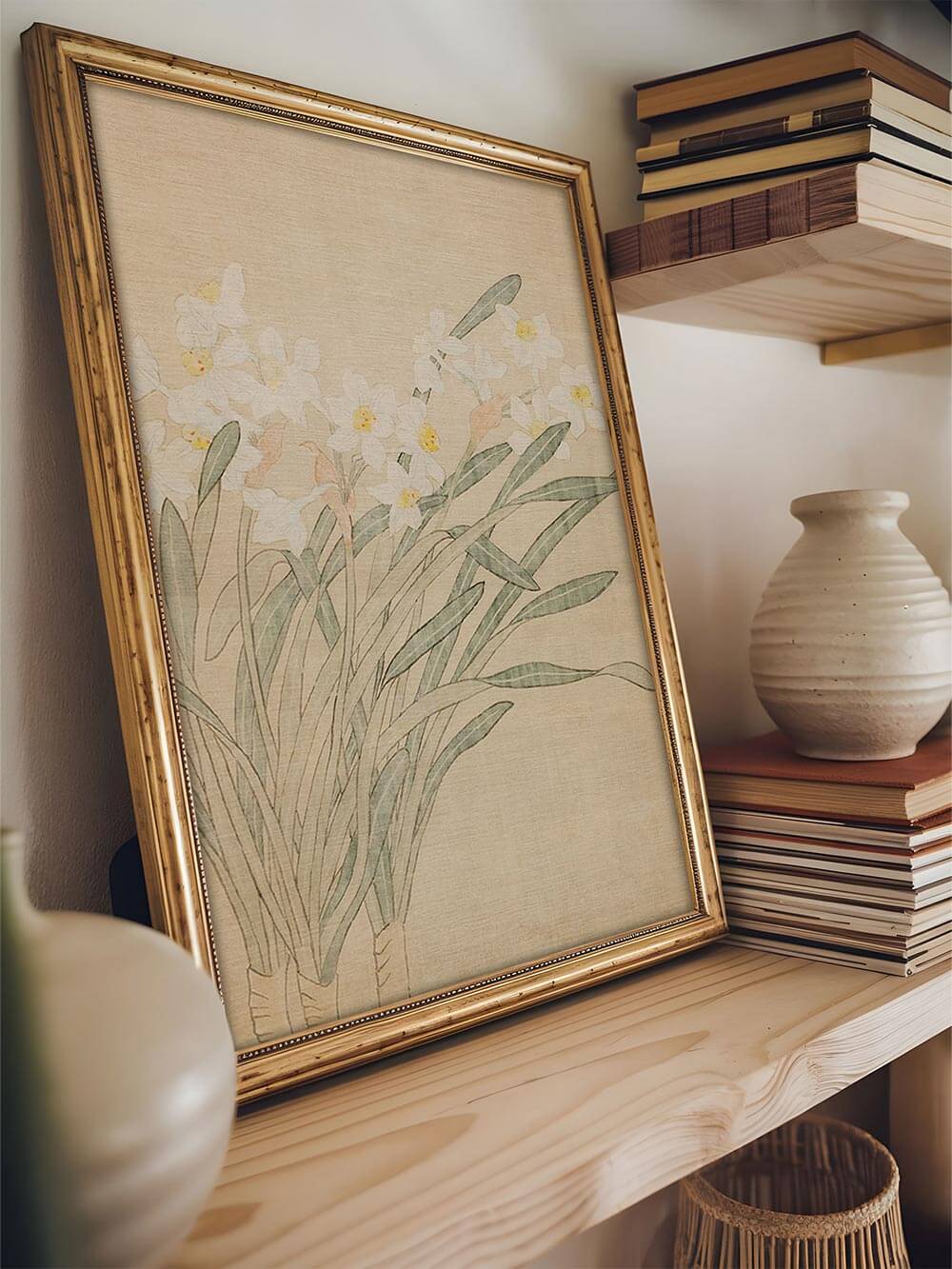Der gerahmte Kunstdruck mit weißen Narzissen steht auf einem Holzregal neben Büchern und Keramik. Die Blumen Illustration wirkt sanft und verleiht der Dekoration eine ruhige Vintage-Note.