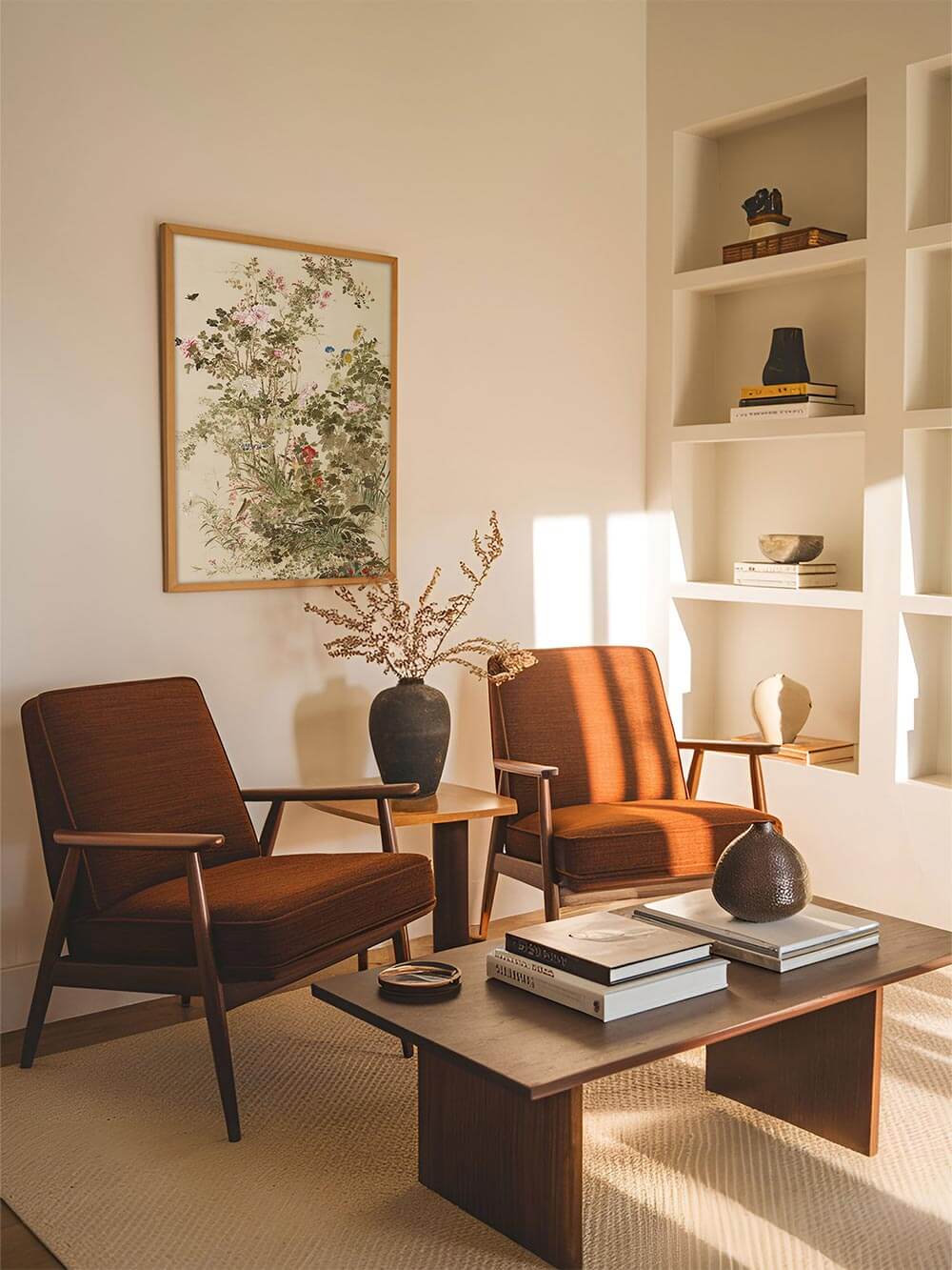 Vintage Wandbild mit floralen Motiven schmückt eine helle Wohnzimmerwand. Der botanische Kunstdruck fügt sich harmonisch in ein ruhiges, minimalistisches Interieur.