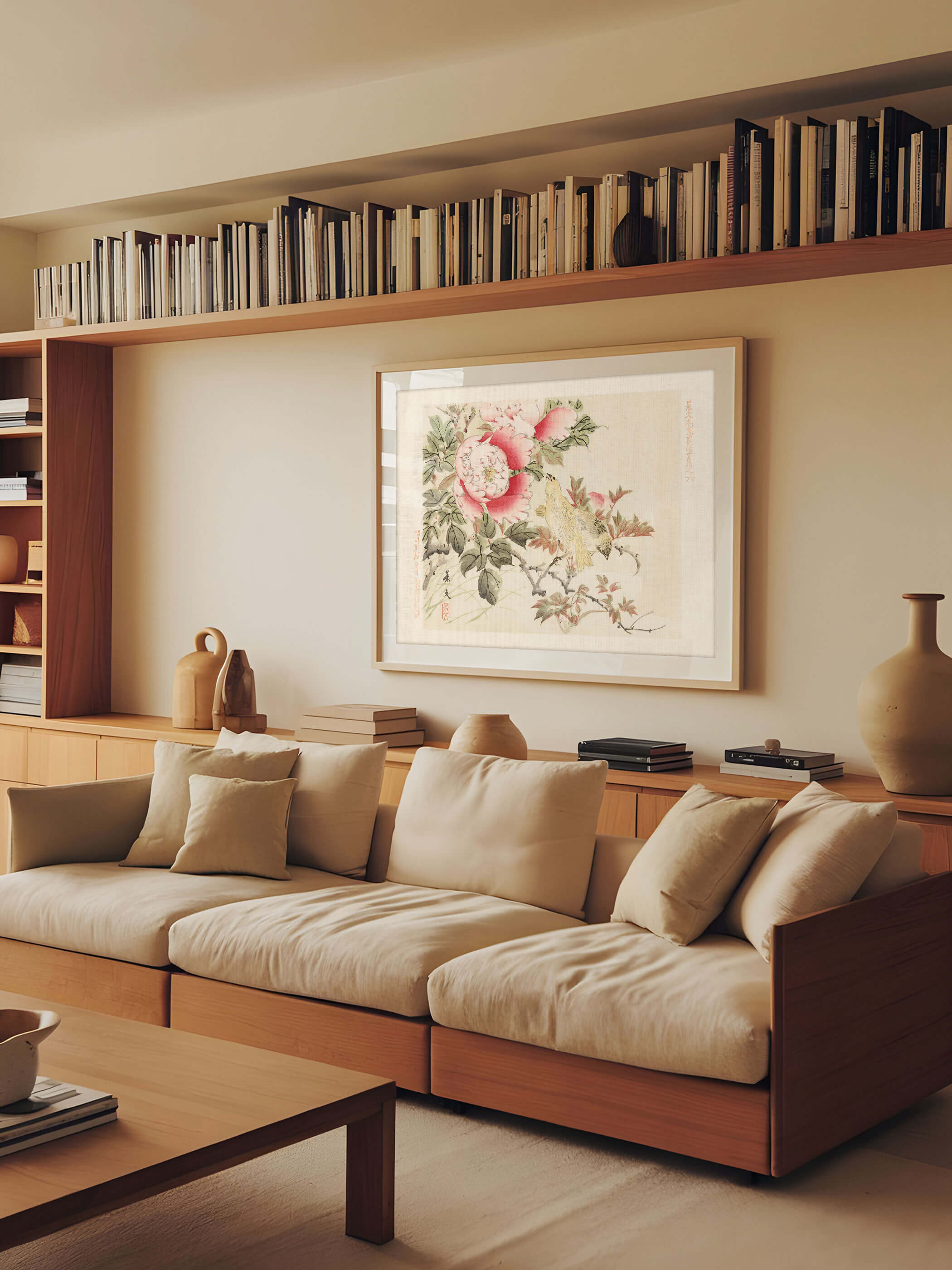 Gerahmter Chinoiserie Kunstdruck mit Vögeln und Pfingstrosen hängt über einem hölzernen Sideboard vor beigefarbener Wand, umgeben von Büchern und Keramikvasen. Das warme Wandbild passt zu einem naturnahen, erdigen Wohnstil.