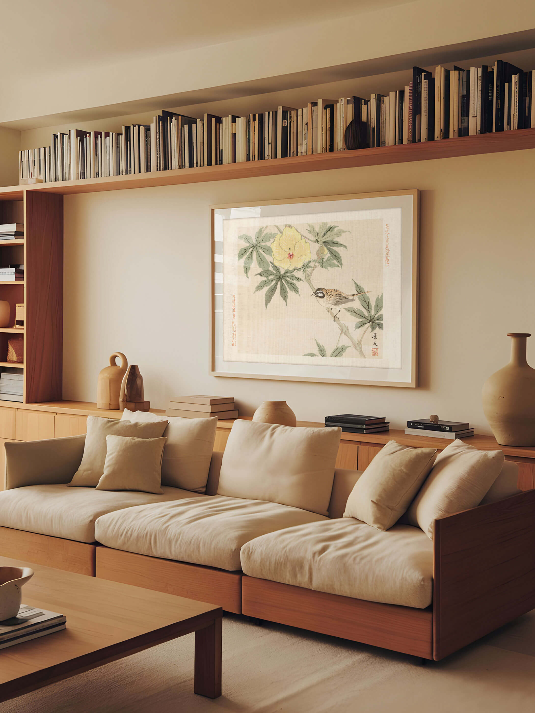 Gerahmter Chinoiserie Kunstdruck mit Vogel und gelber Hibiskusblüte hängt über einem hölzernen Sideboard vor beigefarbener Wand, umgeben von Büchern und Keramikvasen. Das warme Wandbild passt zu einem naturnahen, erdigen Wohnstil.
