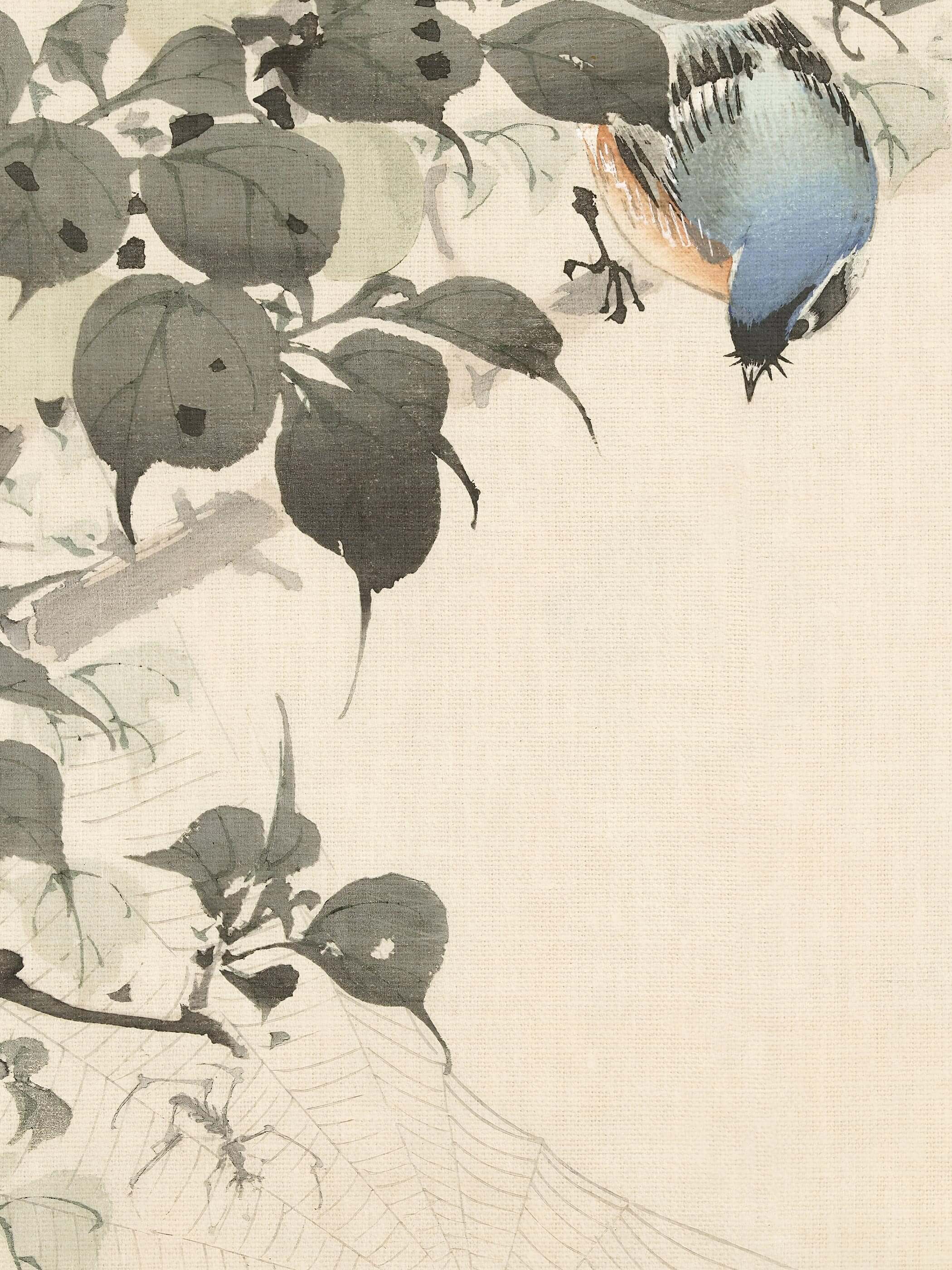 Nahaufnahme des Chinoiserie Kunstdrucks zeigt das leuchtend blau-orangefarbene Gefieder des Vogels sowie das feine Spinnennetz im Detail. Der lebendige Farbakzent unterstreicht den vintage Charakter dieses Wandbilds.