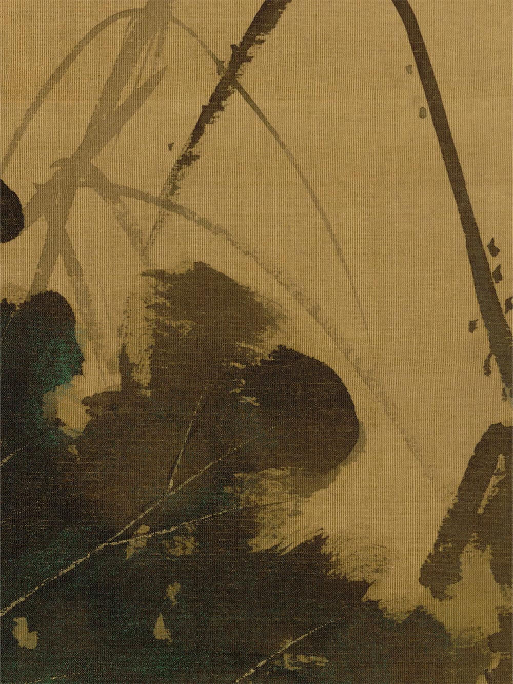 Nahaufnahme des Wabi-Sabi-Kunstdrucks zeigt die feine Leinwandstruktur, sanfte Farbverläufe und organische Pinselspuren, die dem abstrakten Lotusmotiv Tiefe verleihen und die hochwertige Anmutung des Posters betonen.