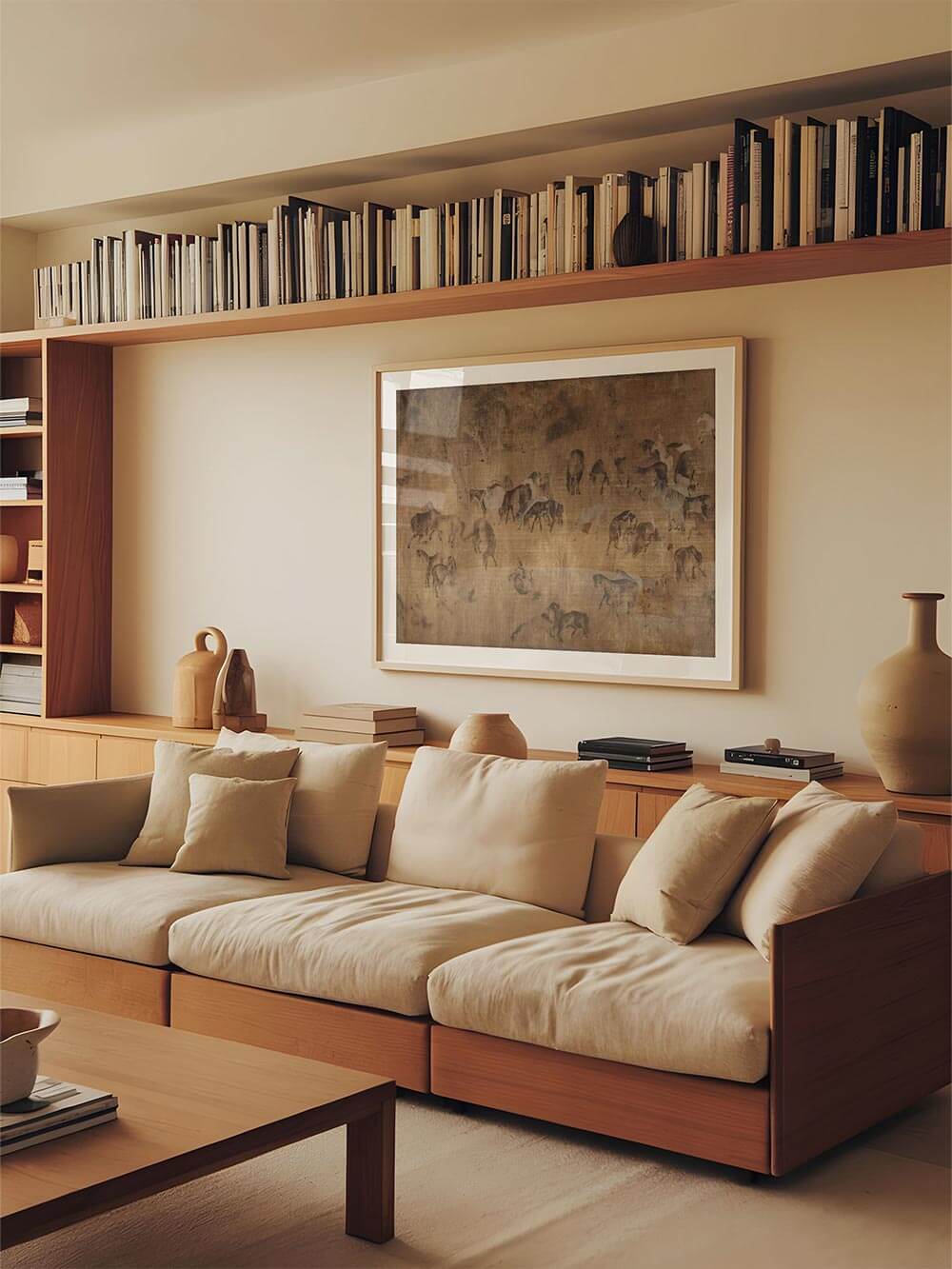 Wabi-Sabi Wandbild mit traditioneller Pferdeszene über einem Sofa und Bücherregal aus Holz, kombiniert mit Keramikvasen und neutralen Textilien, als ruhiger Kunstdruck für stilvolle Wohnzimmer im japanisch inspirierten Wohnstil.