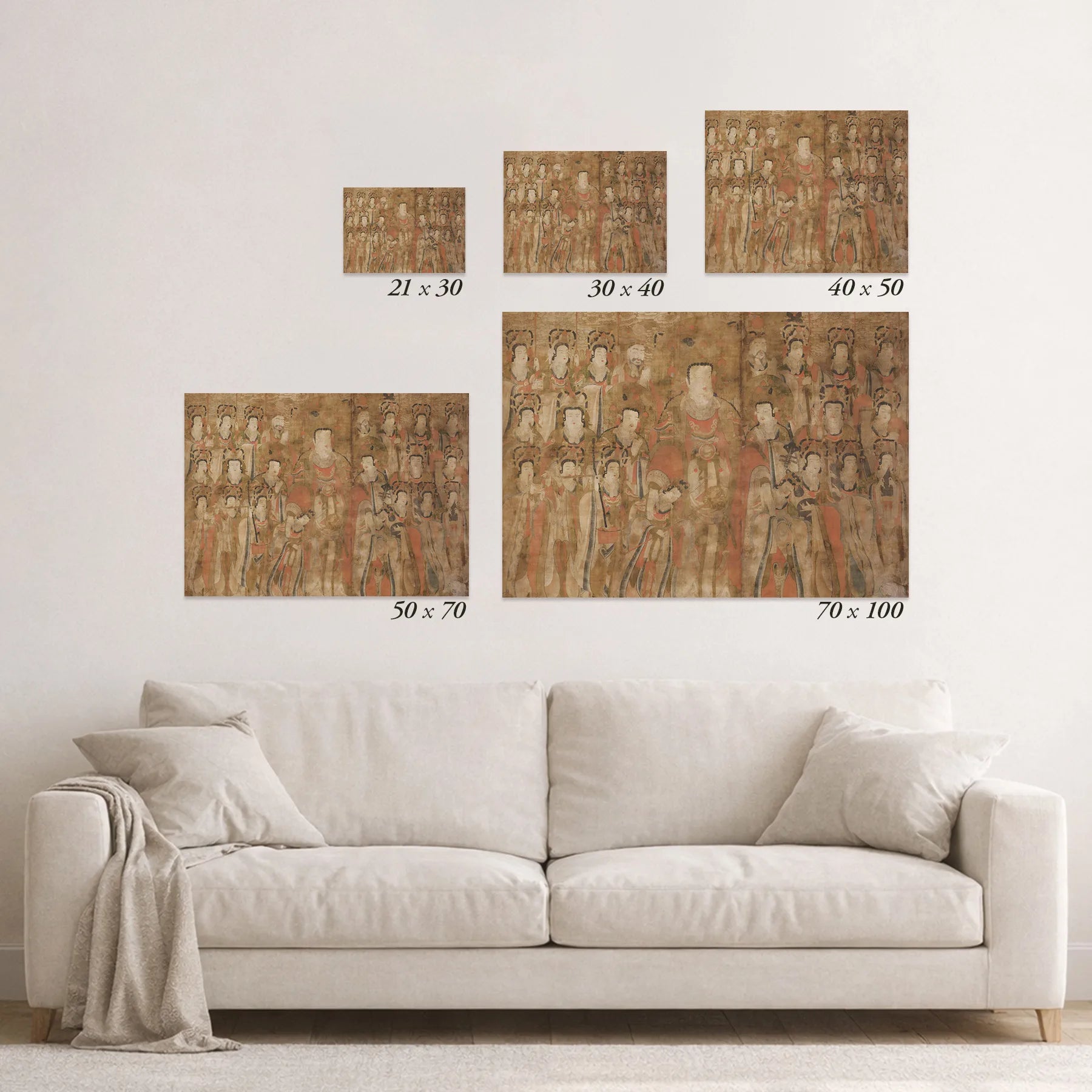Schematic size overview of the available print formats above a sofa.