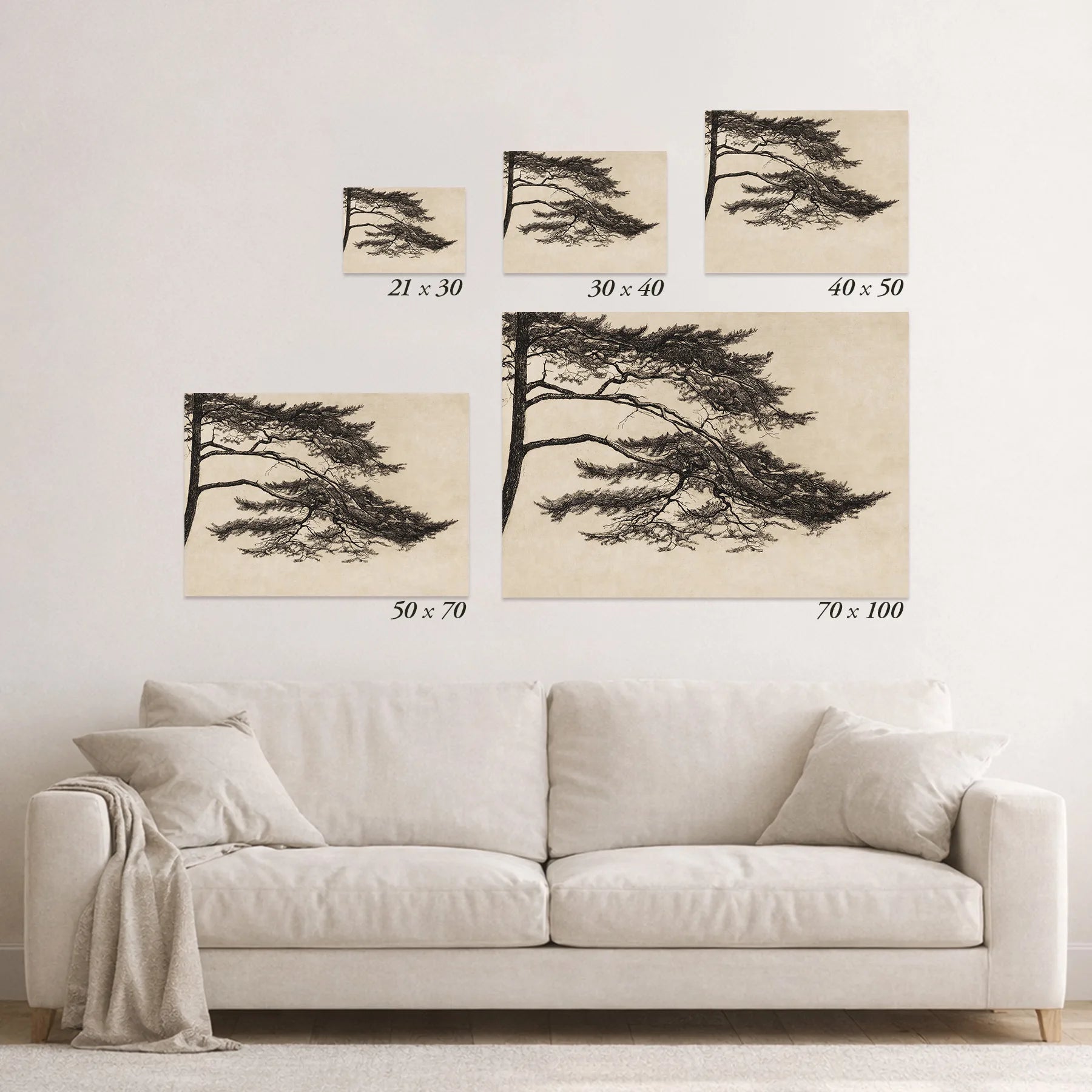 Schematic size overview of the available print formats above a sofa.