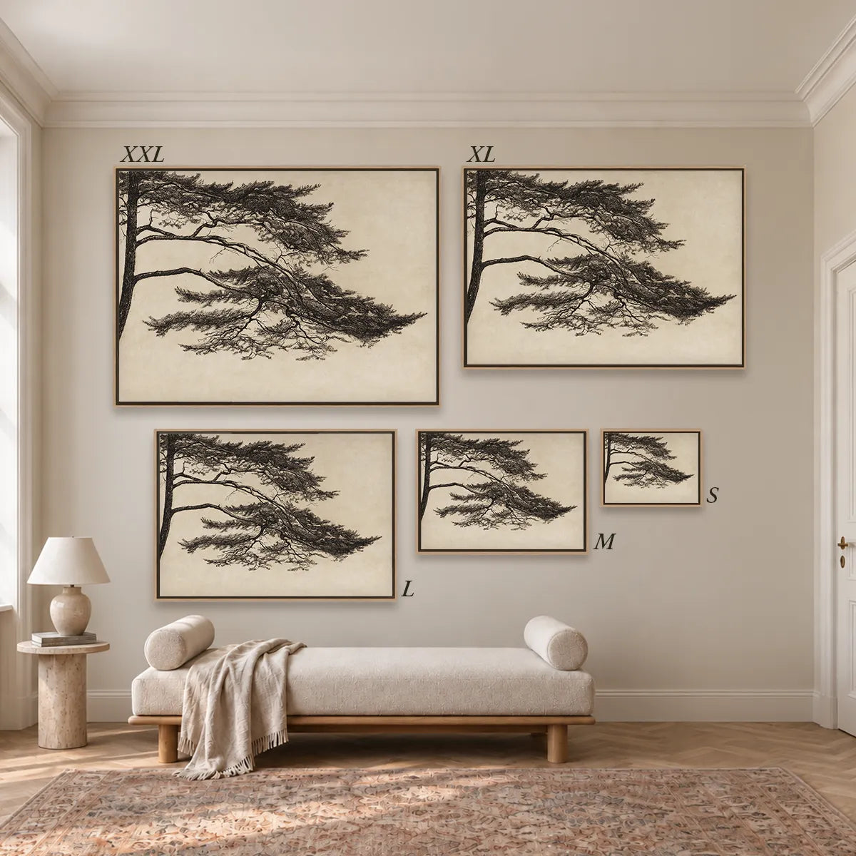 Größenübersicht der fünf Leinwandformate S bis XXL im Raum, von 34 × 44 cm bis 105 × 143 cm.
