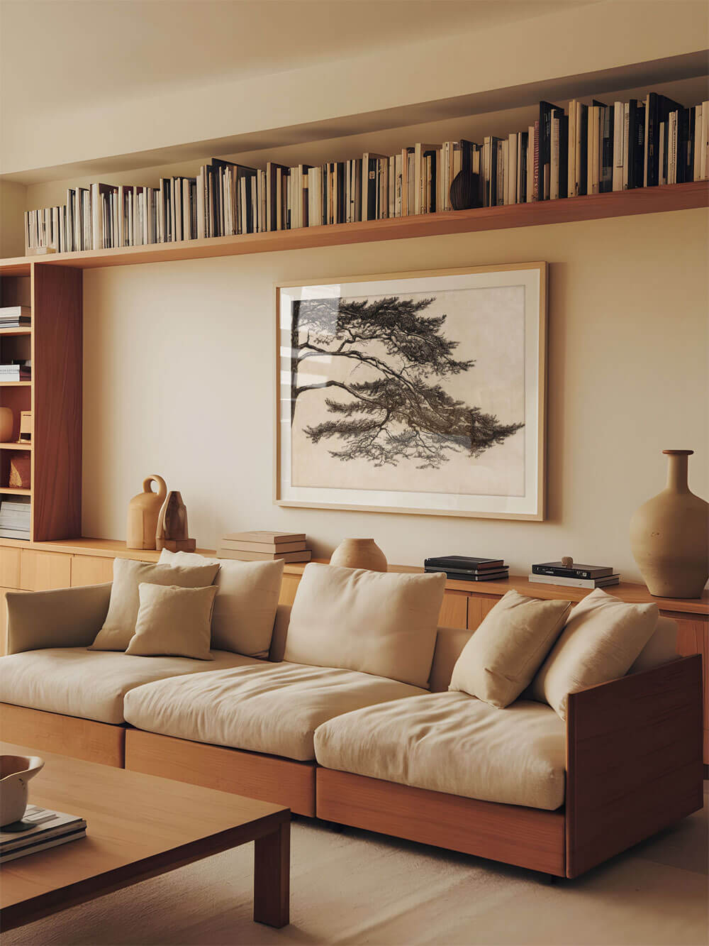 Vintage-Pinienbaum-Poster in einem modernen Wohnzimmer, eingerahmt in Holz, platziert über einem gemütlichen, beigen Sofa mit Kissen. Die monochrome Baumzeichnung verleiht dem Raum eine beruhigende und natürliche Atmosphäre.