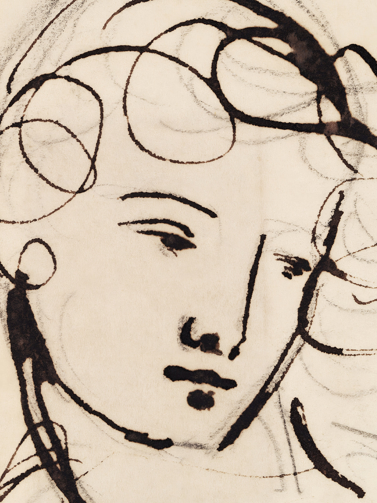Nahaufnahme der Tuscheskizze mit Augen, Nase, Mund und kreisenden Locken in Schwarzbraun über feinen Kreidelinien. Die Detailaufnahme zeigt die schnellen, kräftigen Striche des Vintage Kunstdrucks.