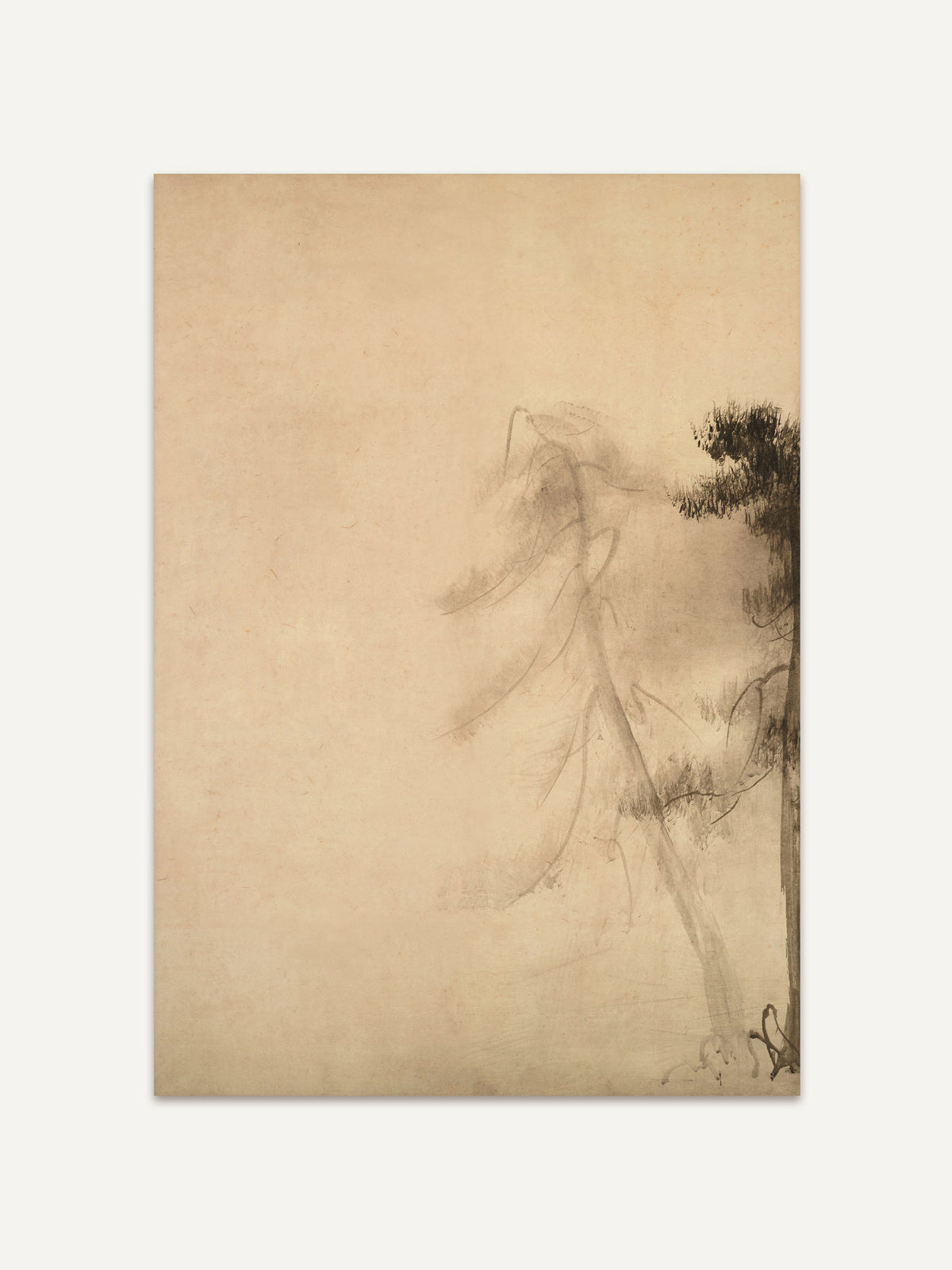 Minimalistisches Poster einer Wabi-Sabi Baum Skizze in zarten Beigetönen. Die sanften Linien des Baumes wirken unvollständig und fügen sich harmonisch in den leeren Raum ein, was dem Bild eine ruhige, meditative Atmosphäre verleiht. #Rahmen_Ohne Rahmen