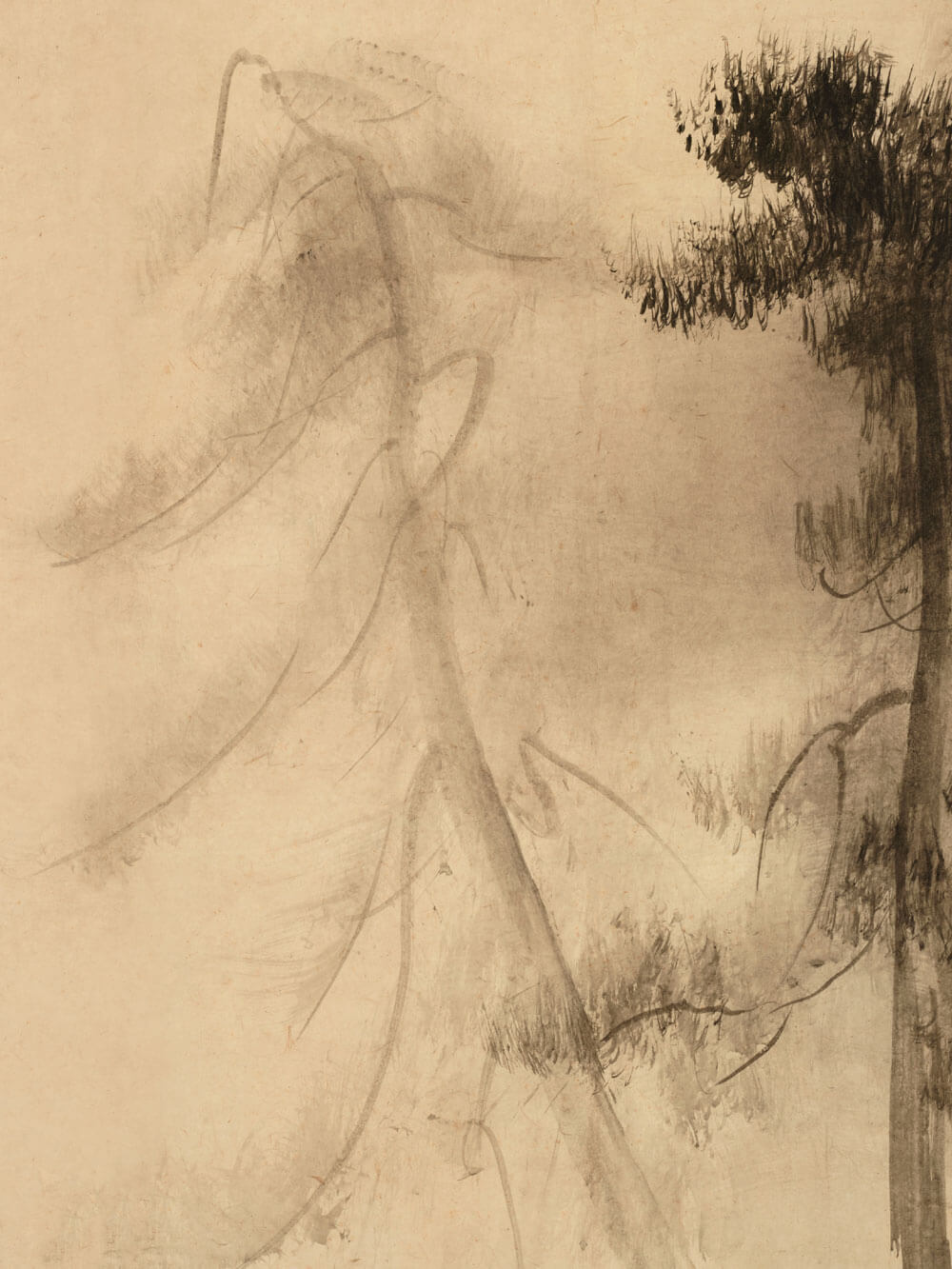 Detailansicht einer minimalistischen Wabi-Sabi Baum Skizze in zarten Grau- und Beigetönen. Die unscharfen, fließenden Linien des Baumes vermitteln eine sanfte und beruhigende Atmosphäre, die den natürlichen Verfall und die Schönheit der Unvollkommenheit betont.