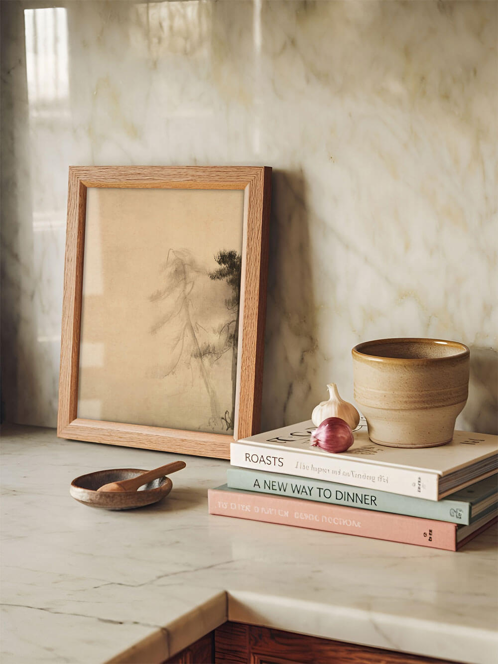 Wabi-Sabi Baum Skizze Poster auf einer Marmorküchenplatte, eingerahmt in einem Holzrahmen, neben Kochbüchern und einem rustikalen Keramikgefäß – harmonisch integriert in ein minimalistisches Küchendesign.