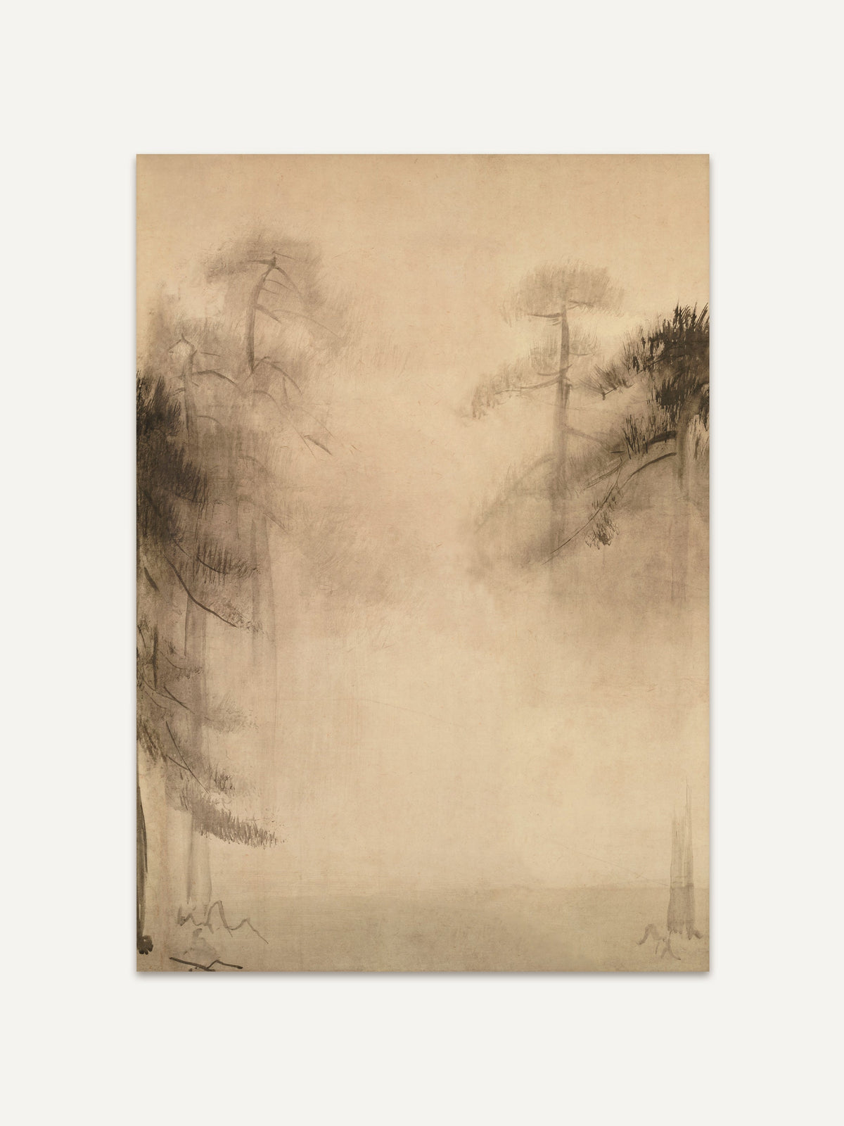 Ein minimalistisches Wabi-Sabi-Kunstposter zeigt eine zarte Skizze von Kiefern, die sich im Nebel verlieren. Die sanften, unaufdringlichen Farbtöne und das dezente Design erzeugen eine ruhige, meditative Atmosphäre. #Rahmen_Ohne Rahmen