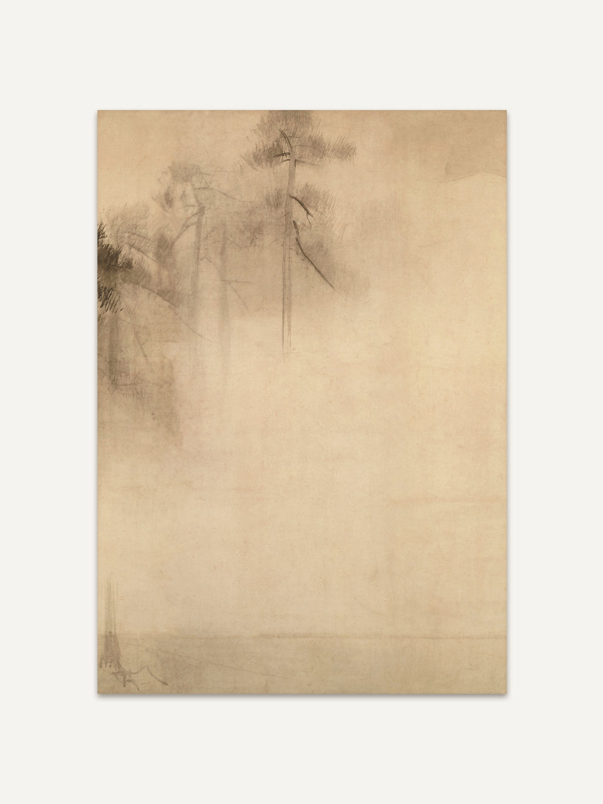 Minimalistischer Kunstdruck mit zarten, skizzierten Kiefern, die sanft in einem nebeligen, pastellfarbenen Hintergrund verschwinden. Die sanfte, wabi-sabi-inspirierte Ästhetik vermittelt Ruhe und Naturverbundenheit. #Rahmen_Ohne Rahmen