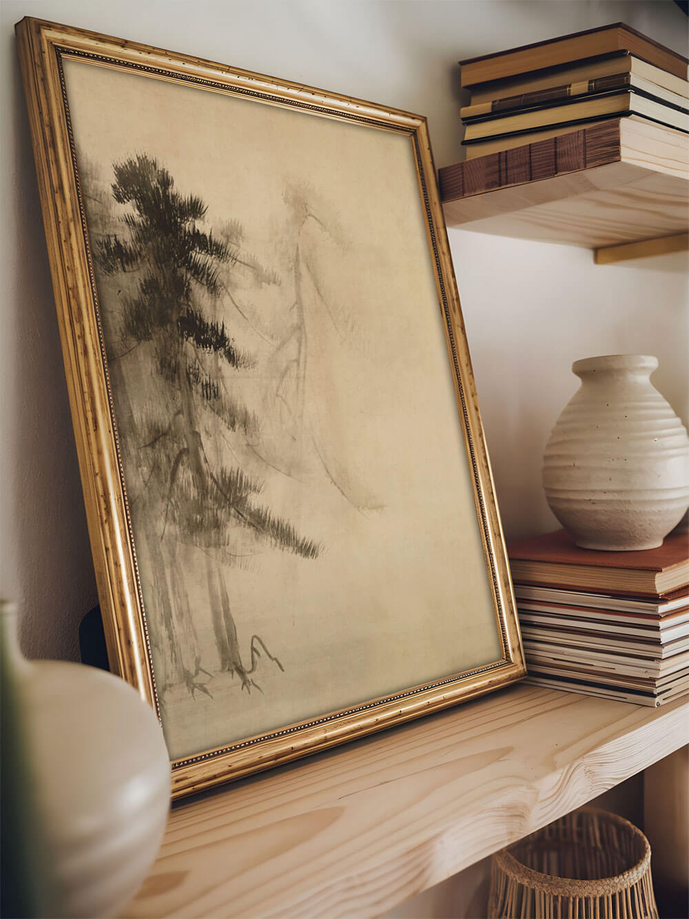 Wabi-Sabi-Kiefern-Skizze, gerahmt und auf einem Holzregal präsentiert, umgeben von stilvoll gestapelten Büchern und Keramikvasen in minimalistischer Einrichtung.