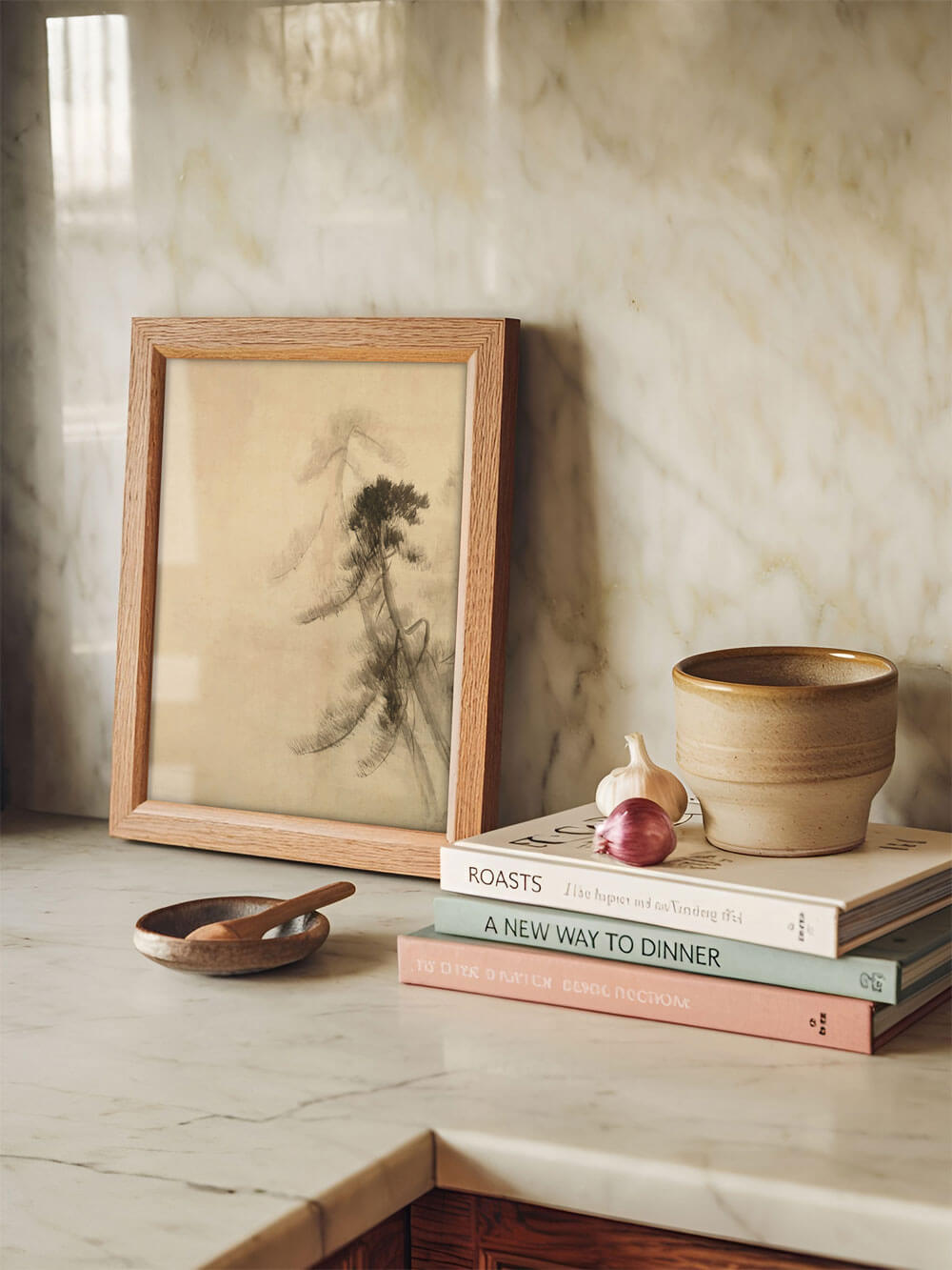 Kleiner Wabi-Sabi-Kiefern-Kunstdruck im Holzrahmen, der auf einem Marmorküchenregal steht, neben Kochbüchern und handgefertigten Keramikschalen.