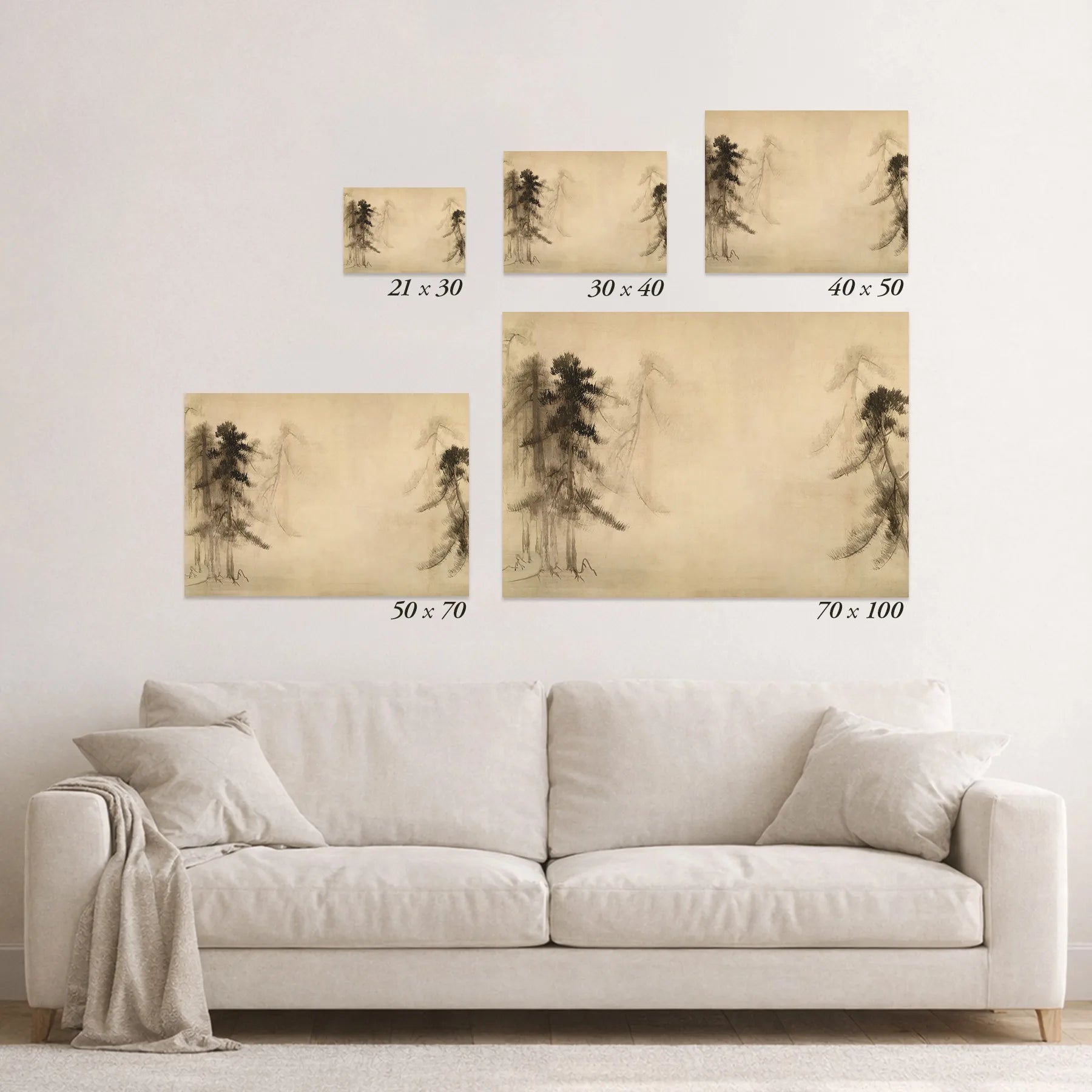 Schematic size overview of the available print formats above a sofa.