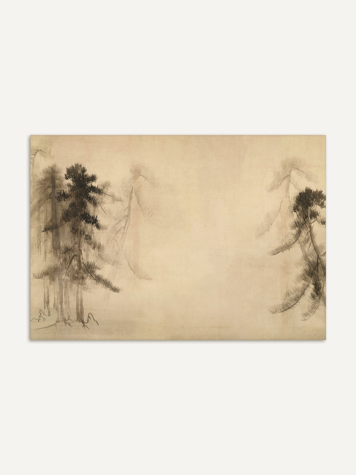 Wabi-Sabi Kiefernskizze als horizontaler Kunstdruck in minimalistischer Darstellung. Das Bild zeigt schemenhafte Kiefern in sanften, gedeckten Farbtönen, die eine ruhige und meditative Stimmung vermitteln. #Rahmen_Ohne Rahmen