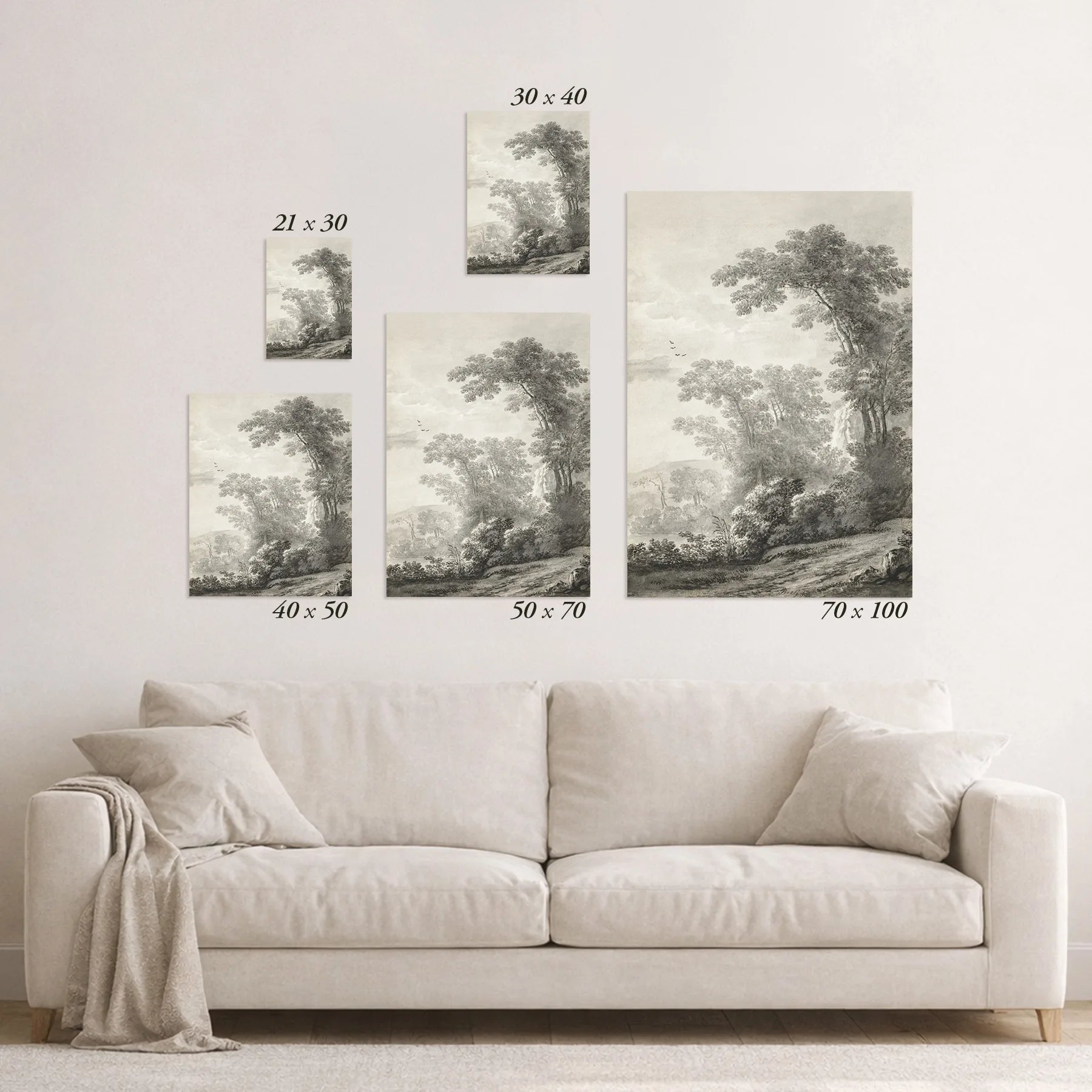 Schematic size overview of the available print formats above a sofa.