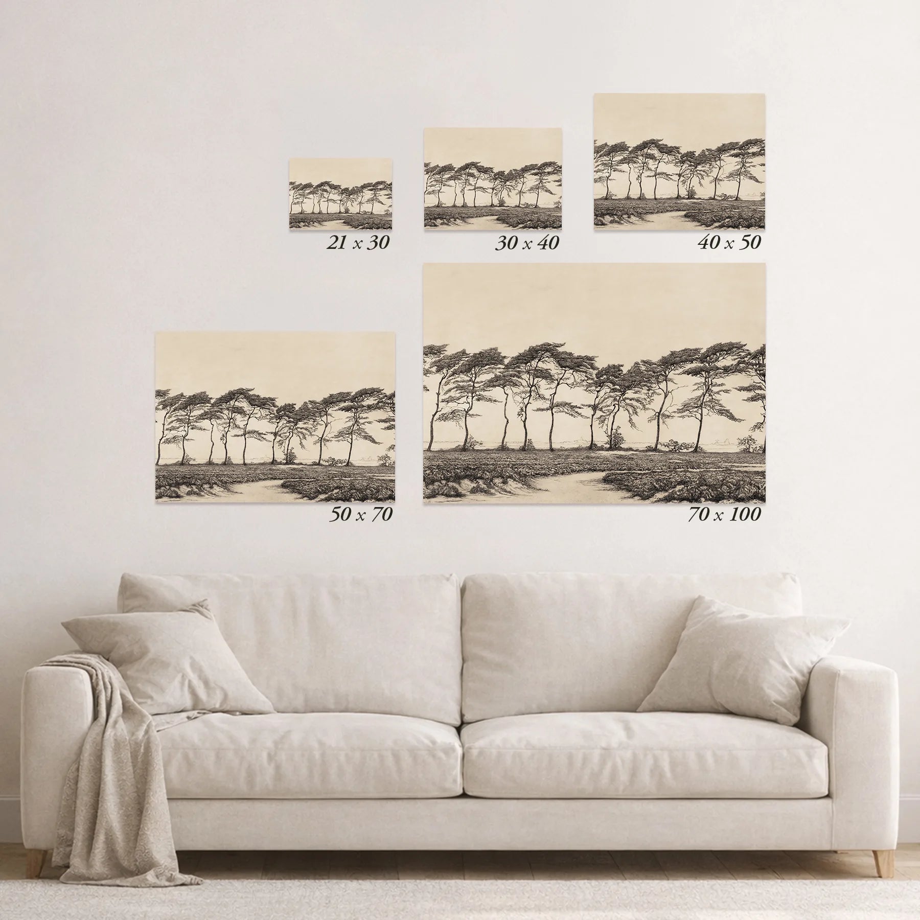 Schematic size overview of the available print formats above a sofa.