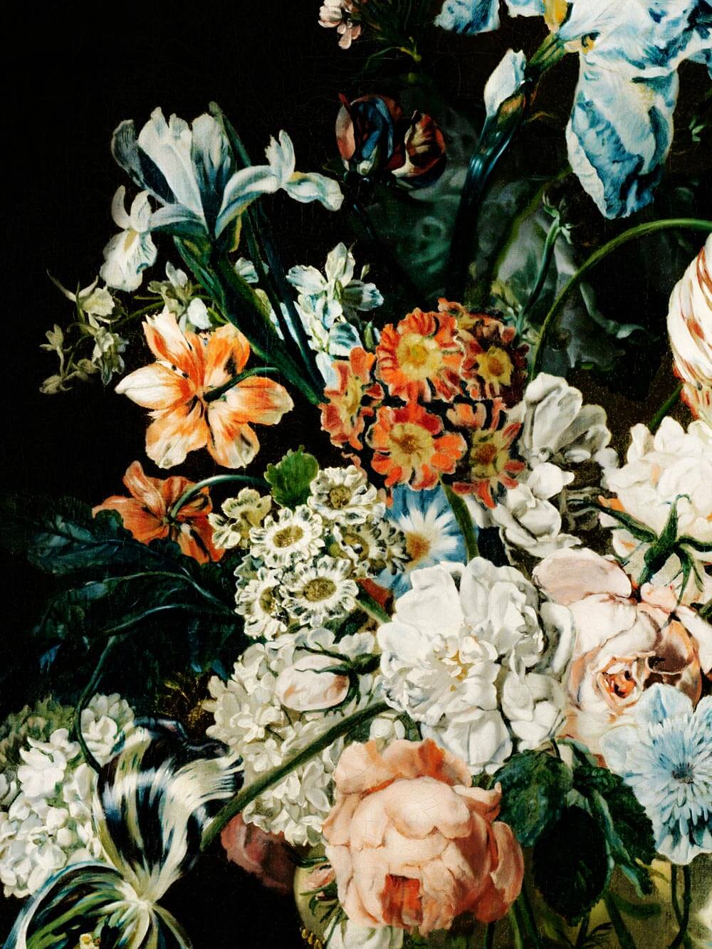 Nahaufnahme eines Barockstillleben Poster mit leuchtenden Blumen in verschiedenen Farben und Formen. Im Fokus stehen Blüten wie weiße Rosen, orangefarbene Lilien und farbenfrohe Nelken. Die feinen Details der Blütenblätter, in satten Farben wie Weiß, Rosa, Blau und Orange, sind auf einem dunklen Hintergrund besonders hervorstechend. Die kunstvolle Anordnung der Blüten verleiht dem Bild eine dramatische, lebendige Ausstrahlung.