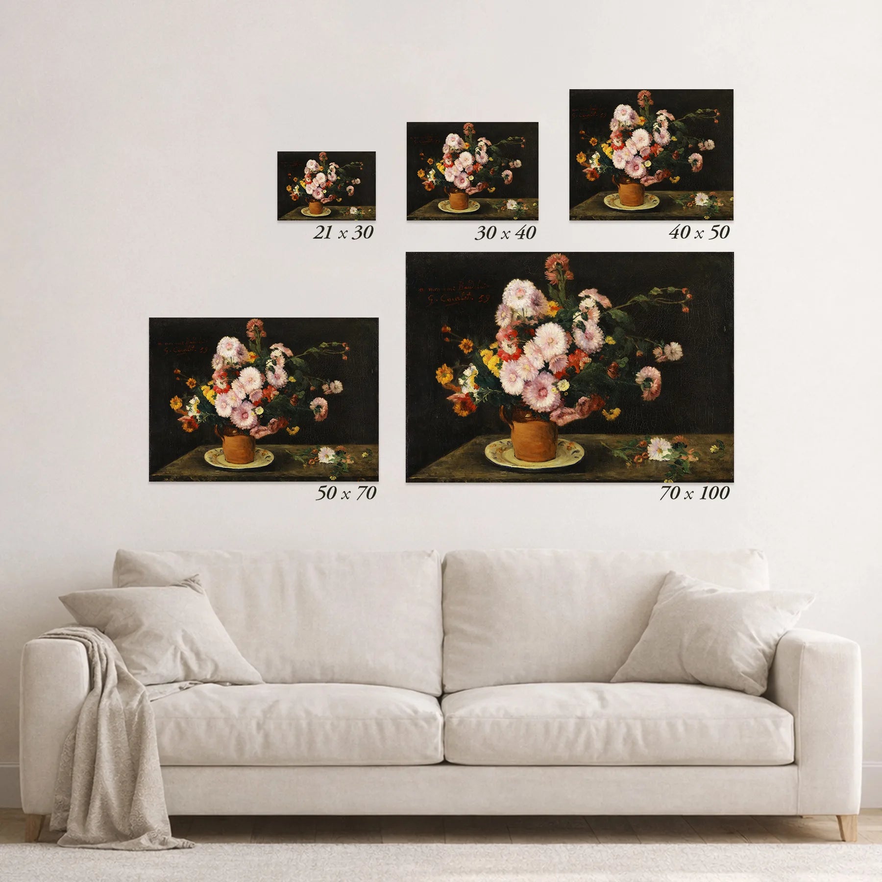 Schematic size overview of the available print formats above a sofa.