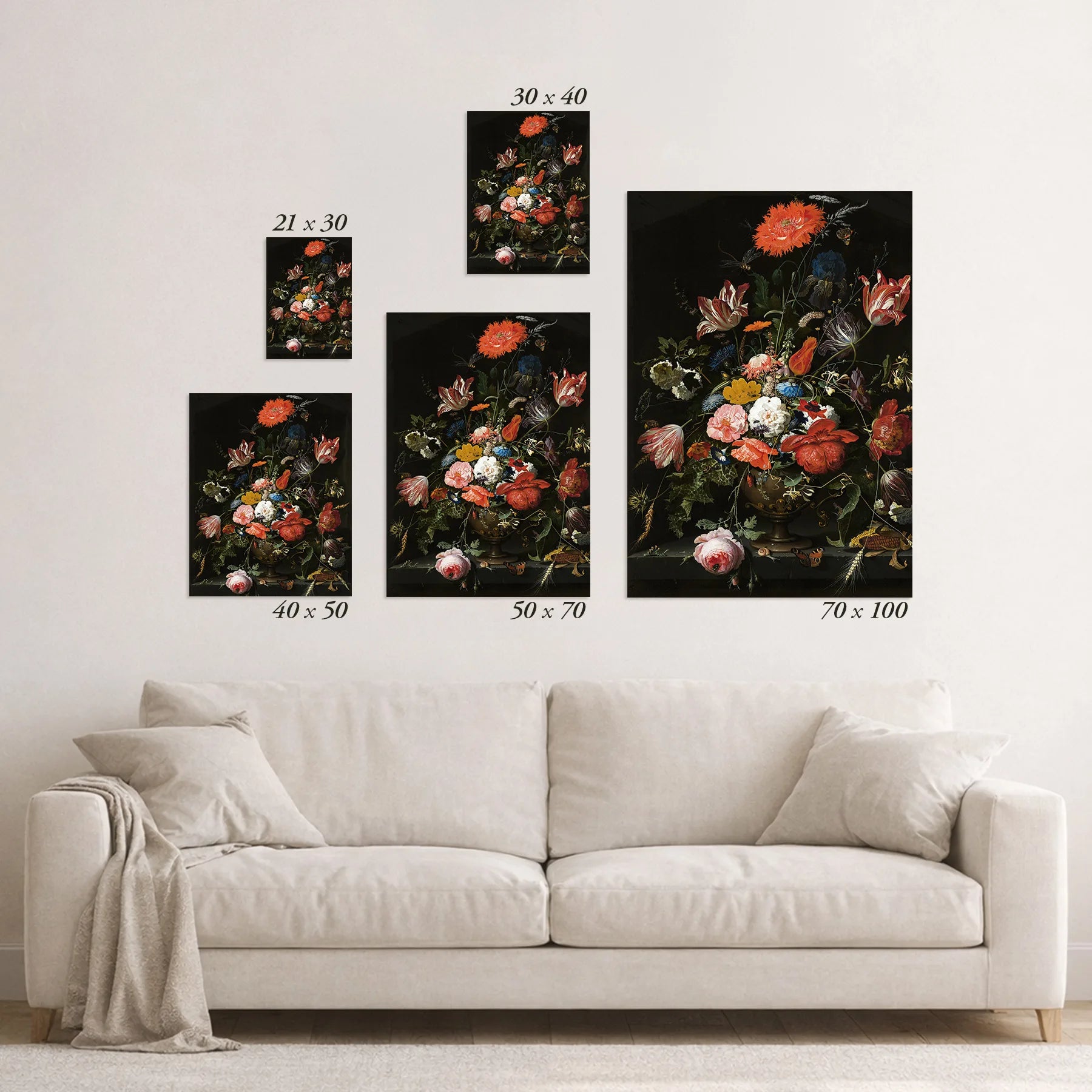 Schematic size overview of the available print formats above a sofa.
