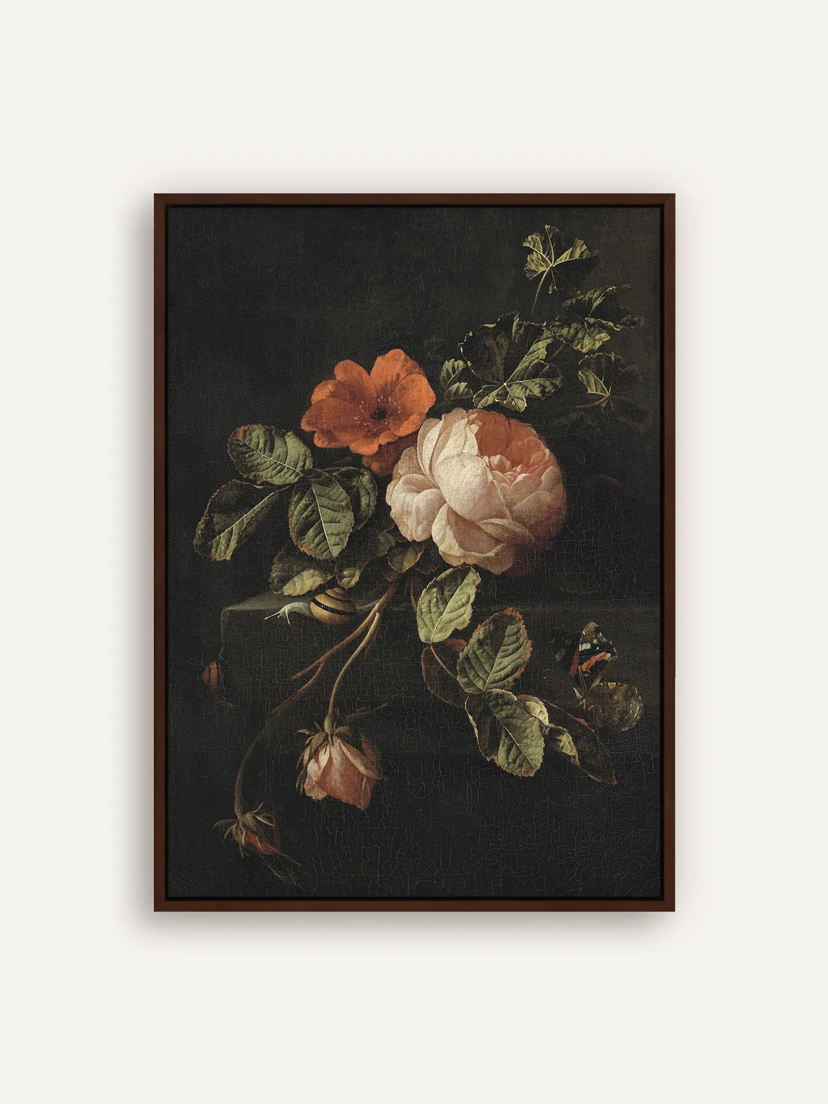 Leinwandbild mit blassrosa Rose, orangeroter Blüte, Schnecke und Schmetterling vor tiefschwarzem Grund im Schattenfugenrahmen in Braun. Barockes Blumenstillleben nach Elias van den Broeck. #Rahmen_Braun