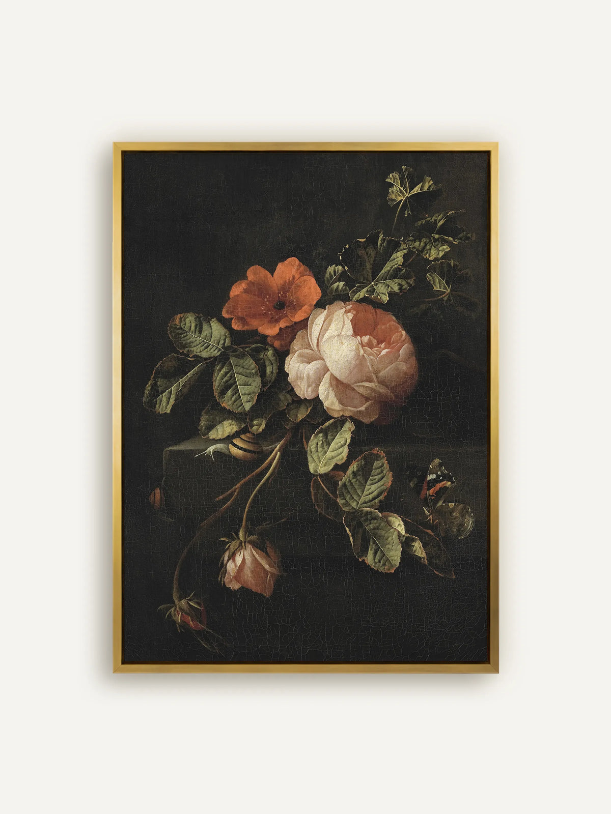 Leinwandbild mit blassrosa Rose, orangeroter Blüte, Schnecke und Schmetterling vor tiefschwarzem Grund im Schattenfugenrahmen in Gold. Barockes Blumenstillleben nach Elias van den Broeck. #Rahmen_Gold