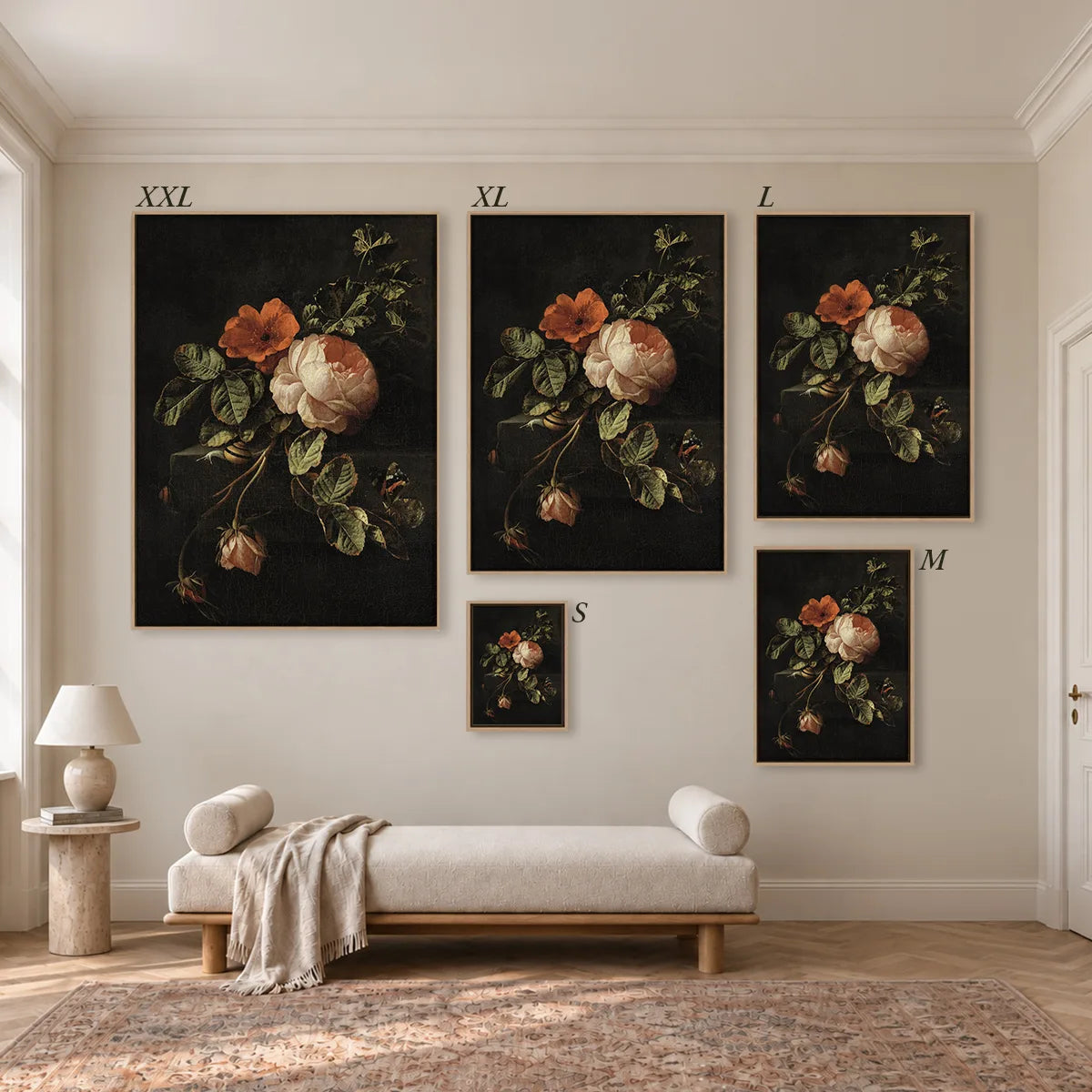 Größenübersicht der fünf Leinwandformate S bis XXL im Raum, von 34 × 44 cm bis 105 × 143 cm.