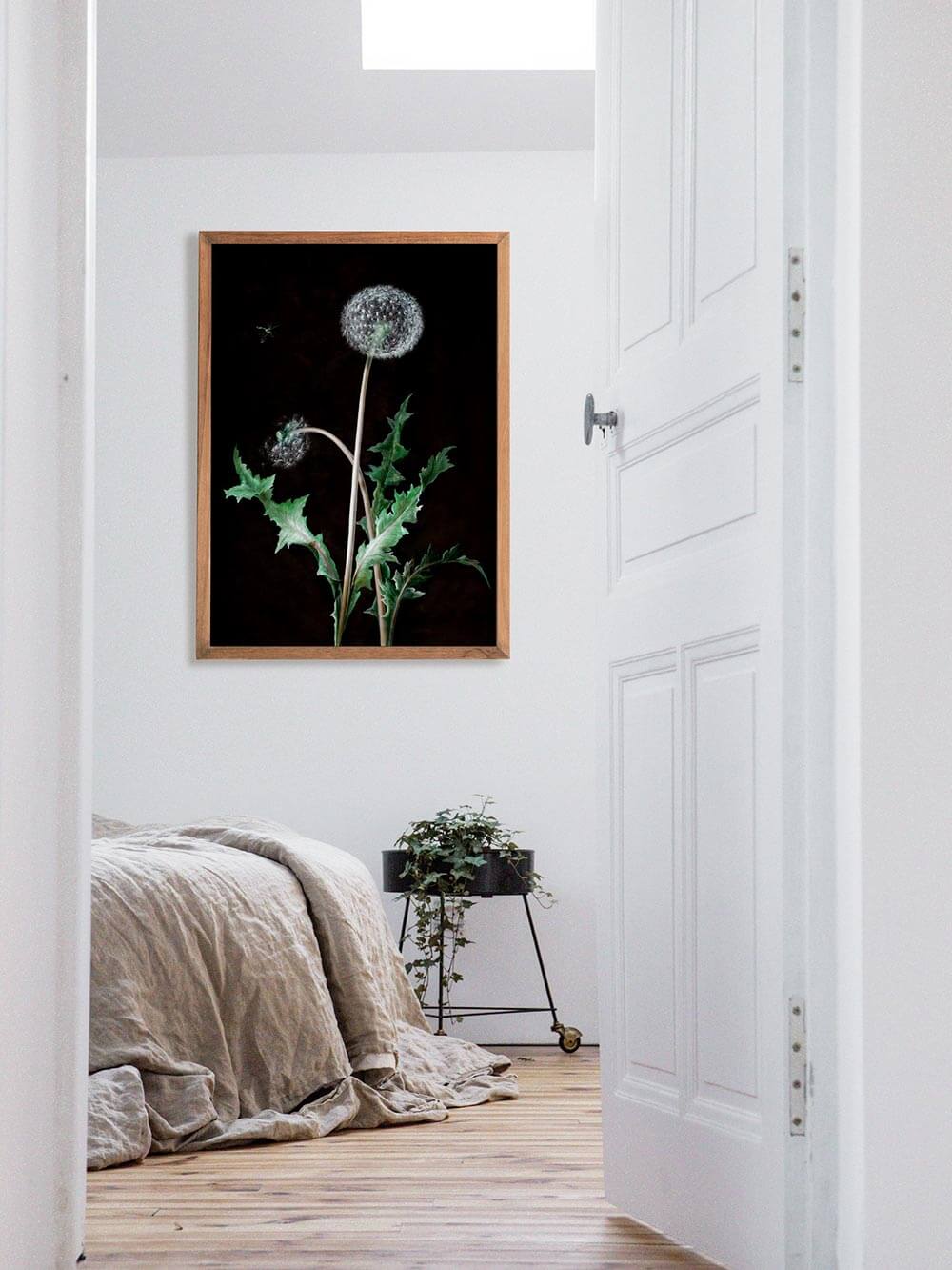 Der gerahmte Vintage-Kunstdruck mit Löwenzahn hängt über einem Bett mit Leinenbettwäsche. Die ruhige Farbgebung fügt sich harmonisch in den Raum ein.