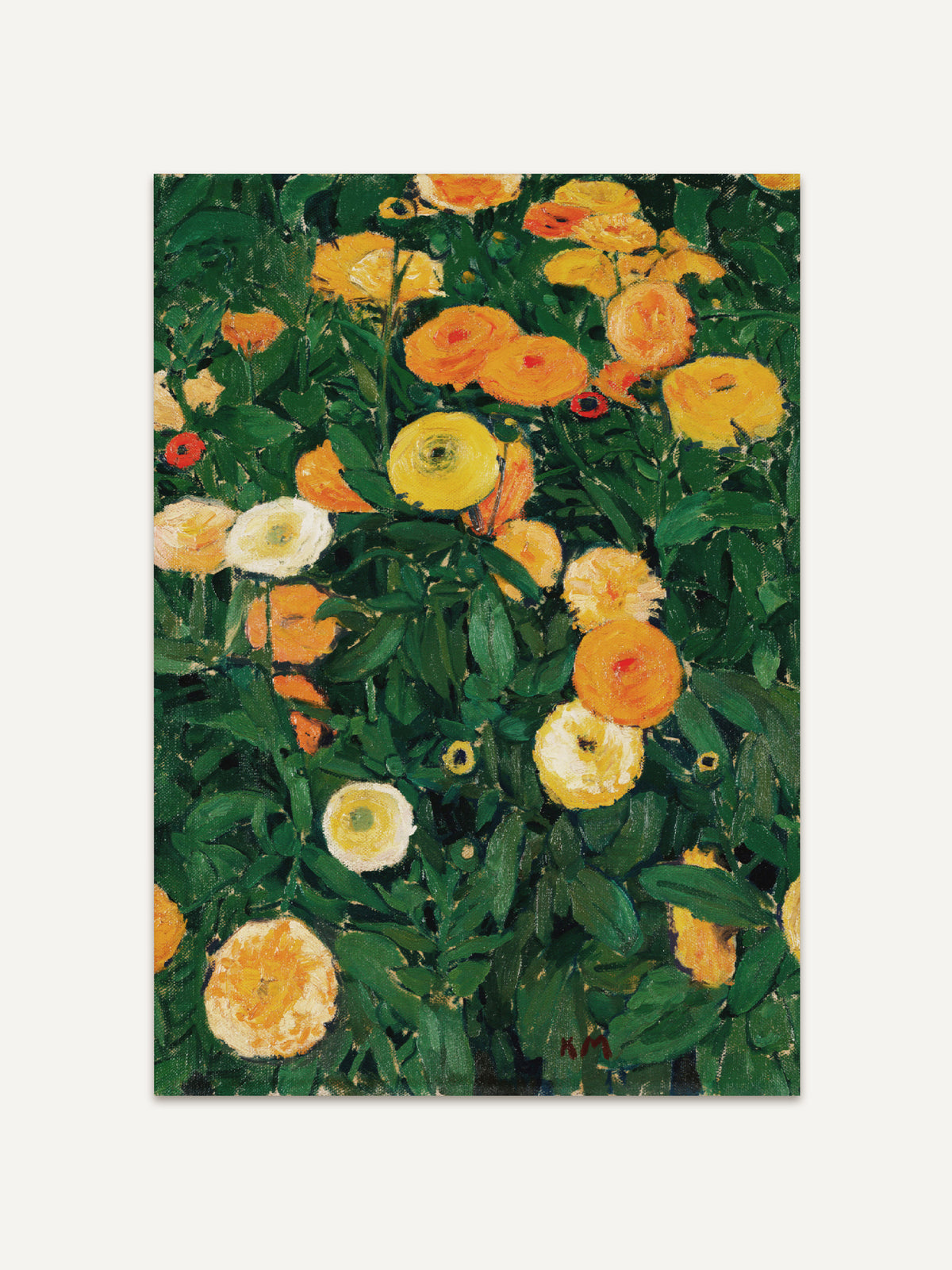 Vintage Kunstdruck mit einem dichten Beet aus Ringelblumen im Hochformat, mit orangen, gelben und cremeweißen Blüten zwischen tiefgrünen Blättern. Kleine rote Knospen setzen leuchtende Akzente im üppigen Grün. #Rahmen_Ohne Rahmen