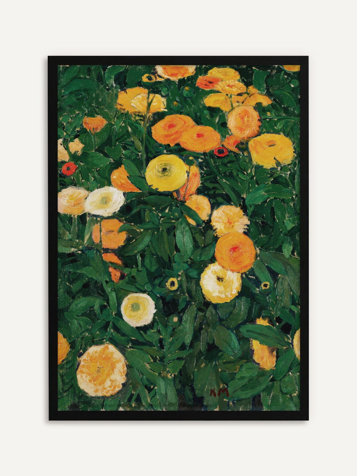 Gerahmtes Poster, das ein dichtes Beet aus orangen, gelben und cremeweißen Ringelblumen zwischen tiefgrünen Blättern im Hochformat zeigt, dazwischen kleine rote Knospen. Mit schwarzem Rahmen wirkt das Vintage-Blumenmotiv kräftig und grafisch. #Rahmen_Schwarz