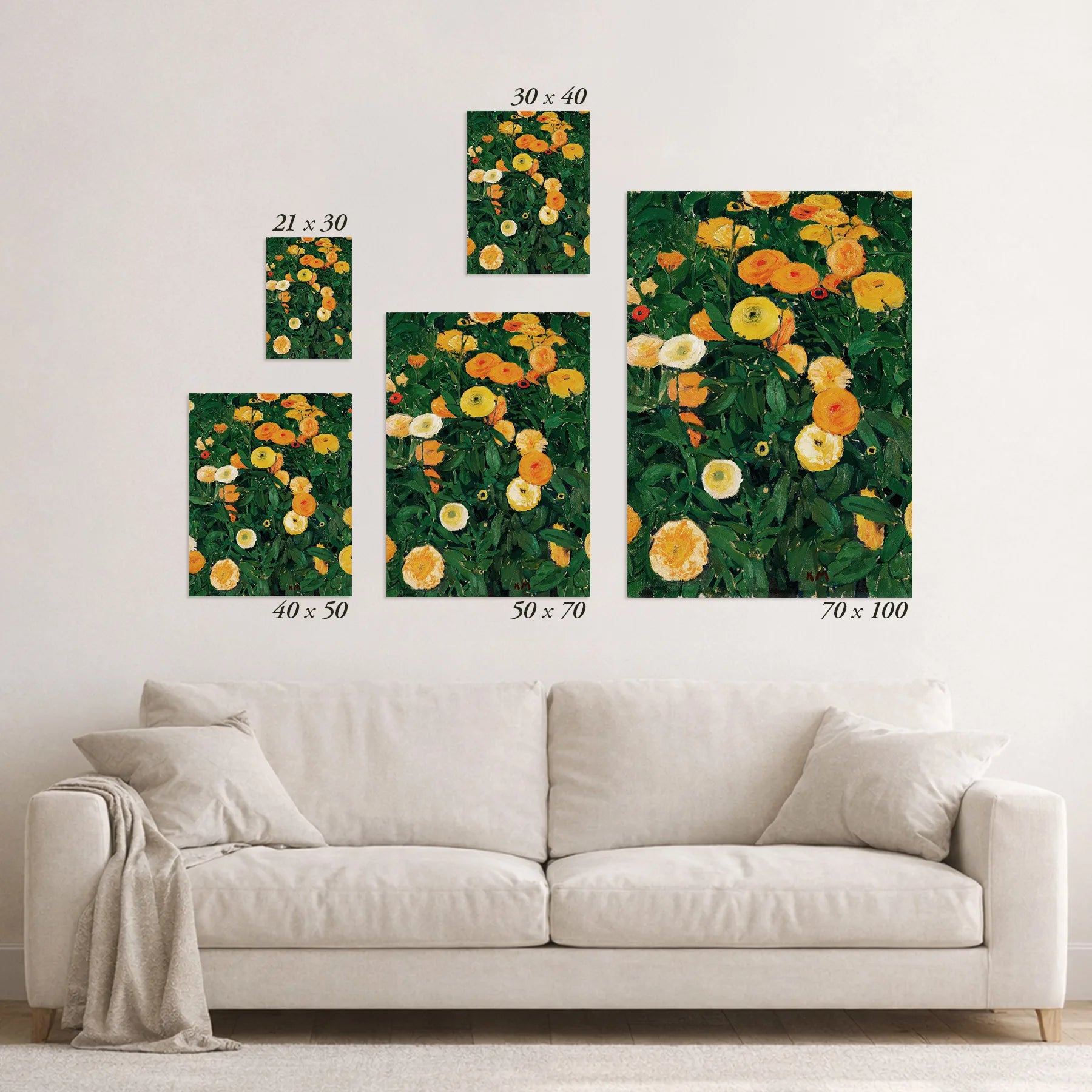 Schematic size overview of the available print formats above a sofa.