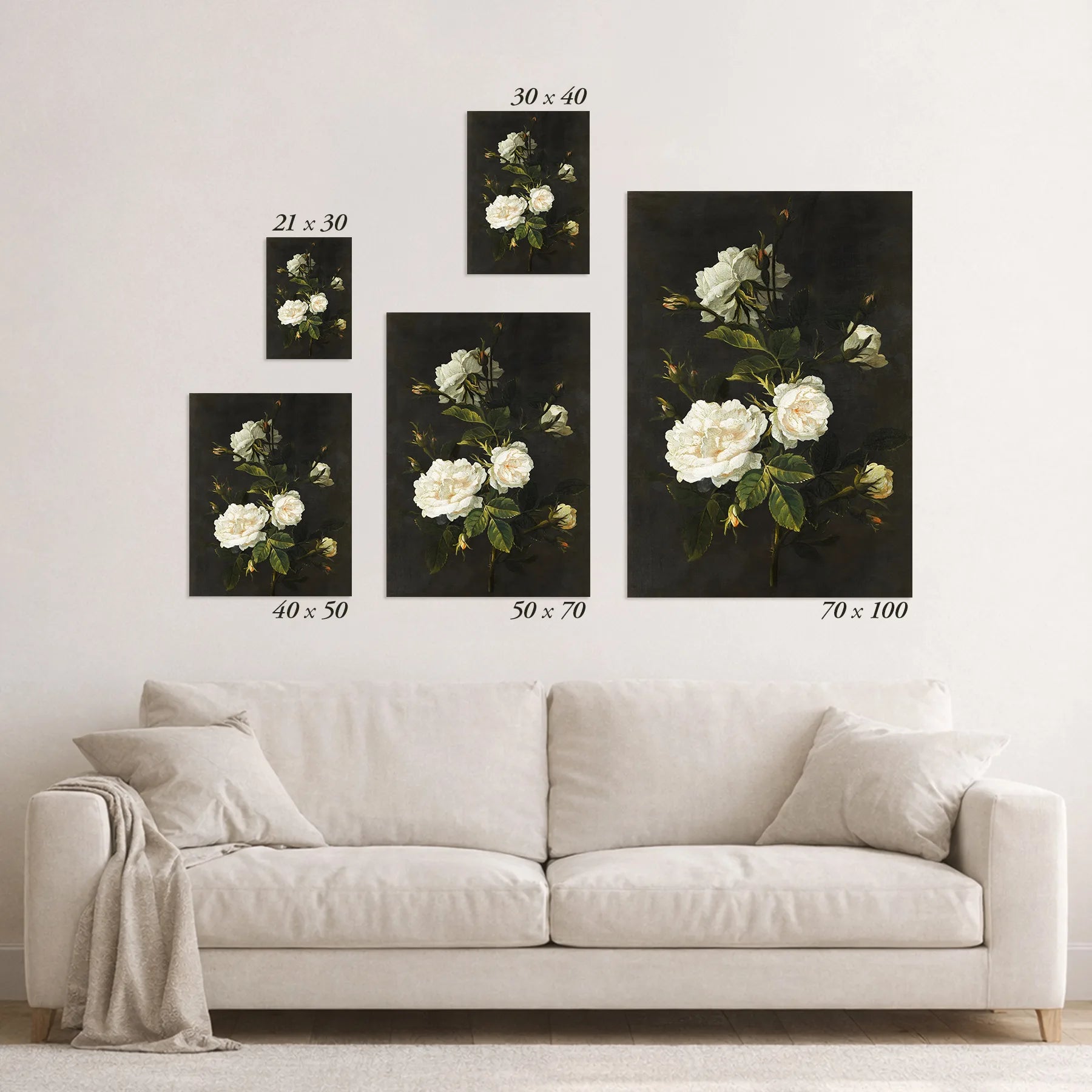 Schematic size overview of the available print formats above a sofa.