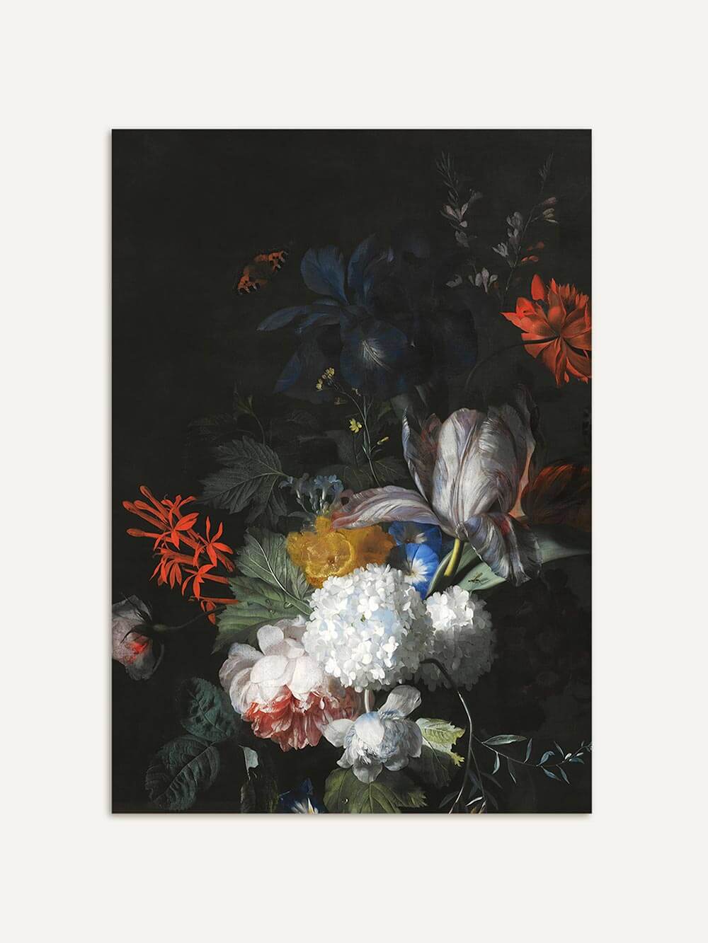 Barocker Blumen Kunstdruck mit üppigem Strauß aus Tulpen, Hortensien und Pfingstrosen auf schwarzem Hintergrund. Die kräftige Farbpalette verleiht dem Vintage Wandbild besondere Eleganz.