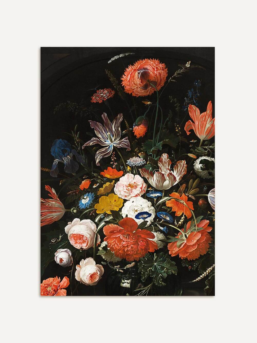 Barocker Kunstdruck mit prachtvollen Blumen in satten Farben auf dunklem Hintergrund. Die florale Komposition wirkt wie ein klassisches Stillleben und strahlt Eleganz aus.