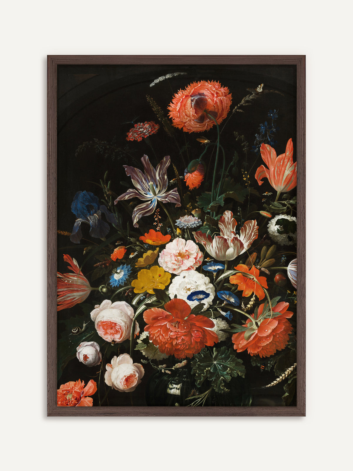 Poster, das einen dichten Strauß aus rotem Mohn, gestreiften Tulpen, Rosen, blauer Iris und Winden vor dunklem Hintergrund zeigt, dazwischen eine Schnecke und kleine Insekten. Der Rahmen aus dunklem Holz unterstreicht die Dark-Academia-Stimmung des Bildes. #Rahmen_Dunkles Holz