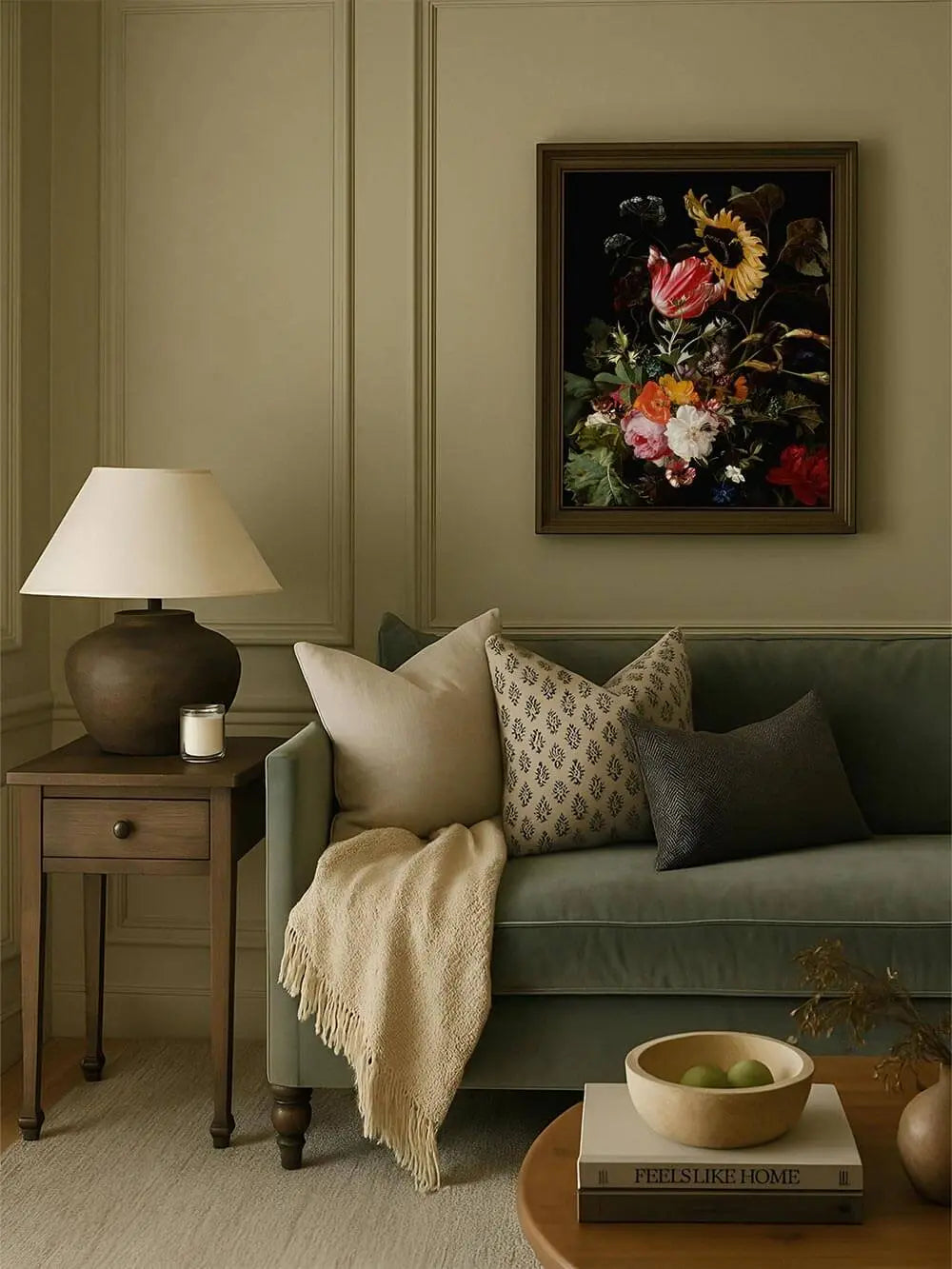 Der barocke Blumen Kunstdruck hängt gerahmt über einem Sofa mit Kissen. Das dunkle Blumen Stillleben fügt sich harmonisch in die warme, elegante Wohnzimmereinrichtung ein.