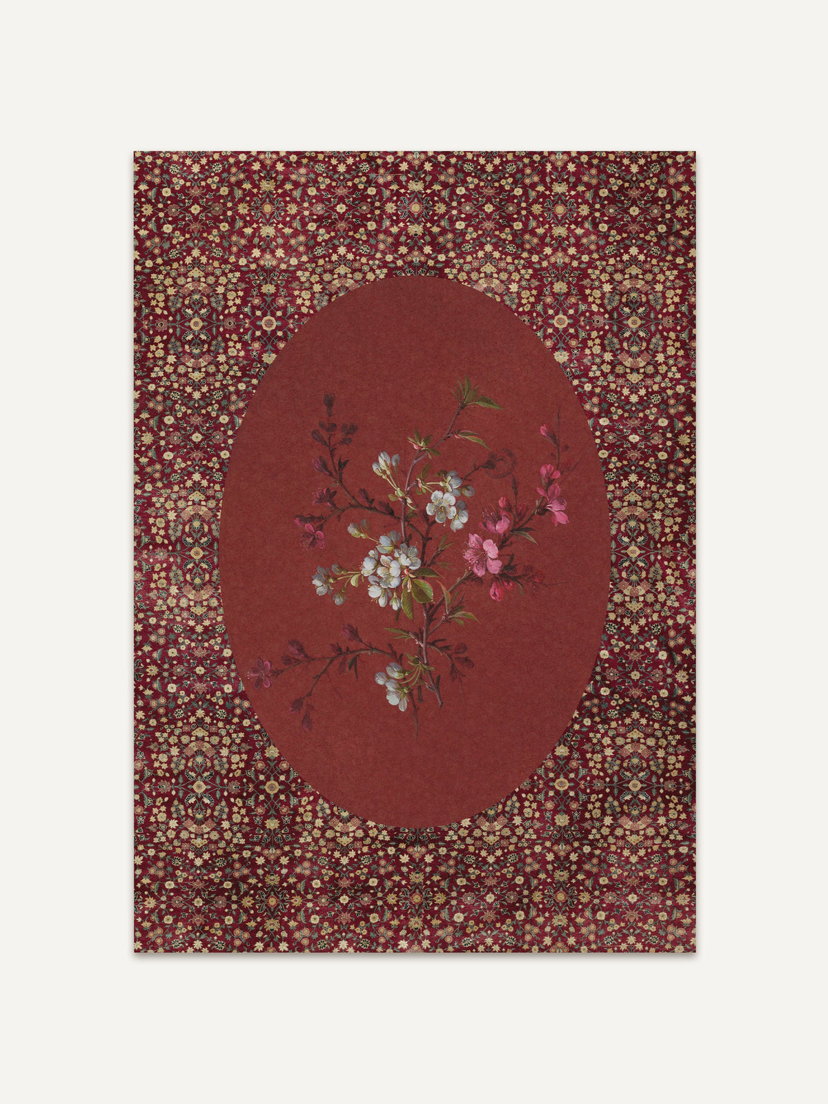 Roter floraler Kunstdruck mit zartem Blütenzweig in ovaler Komposition. Der Hintergrund zeigt ein detailreiches Muster im Vintage-Stil mit goldenen Blütenmotiven. #Rahmen_Ohne Rahmen