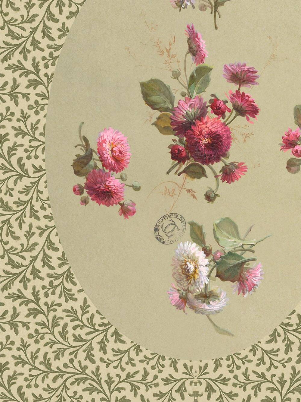 Nahaufnahme der Blüten im Zentrum des Kunstdrucks. Die zart gemalten Dahlien und Chrysanthemen zeigen filigrane Details und weiche Farbübergänge.