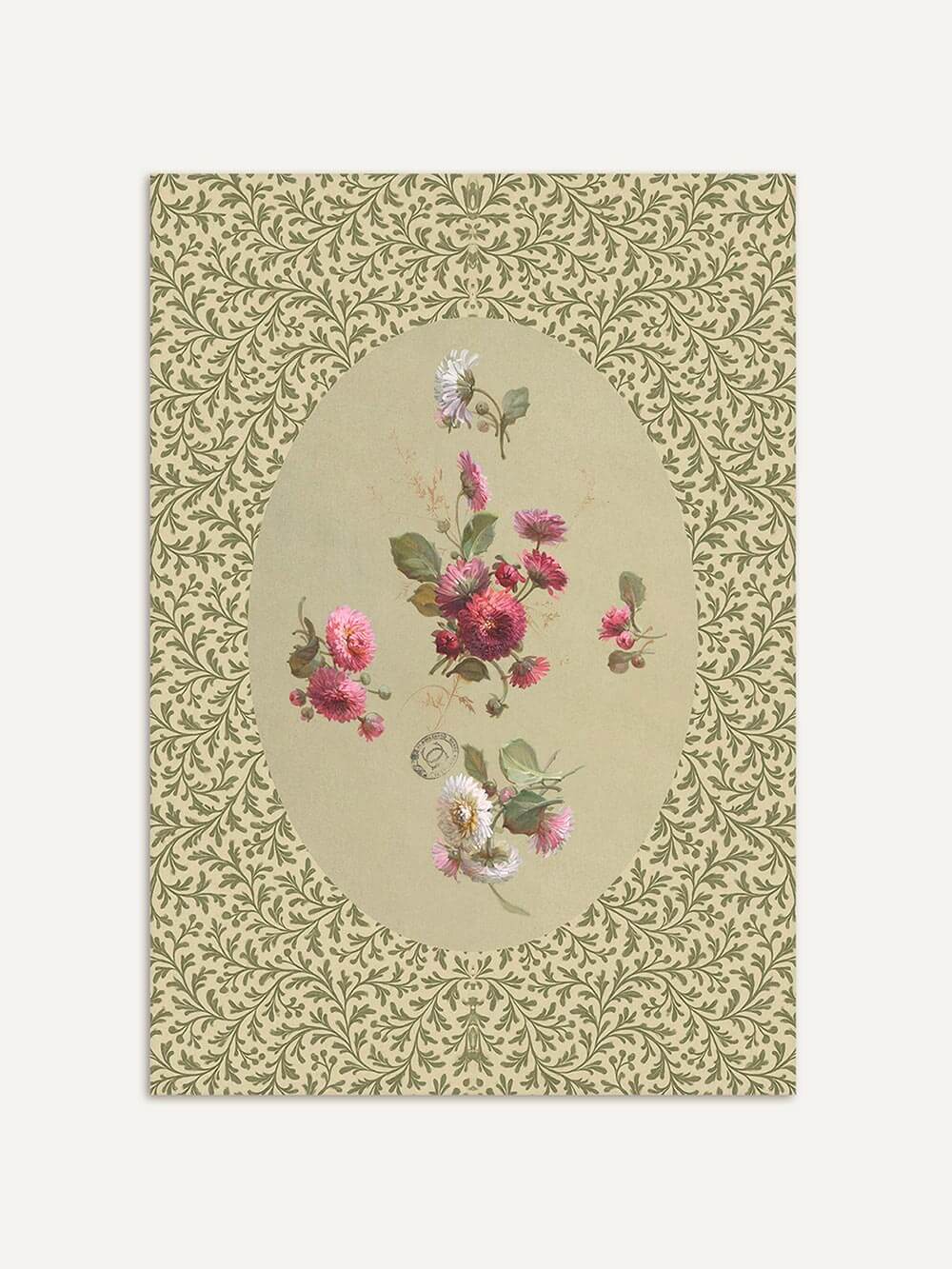 Kunstdruck mit Vintage-Blumenmotiv in Rosa und Creme auf hellem Hintergrund. Das zentrale Oval wird von einem zart gemusterten floralen Rahmen eingefasst.