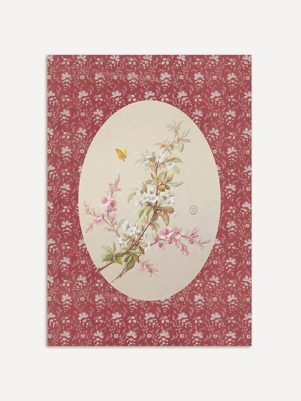 Floraler Kunstdruck mit zartem Blütenzweig in Weiß und Rosa, eingefasst in ein ovales Feld auf rotem Fond. Das Vintage Wandbild erinnert an botanische Illustrationen des 19. Jahrhunderts.