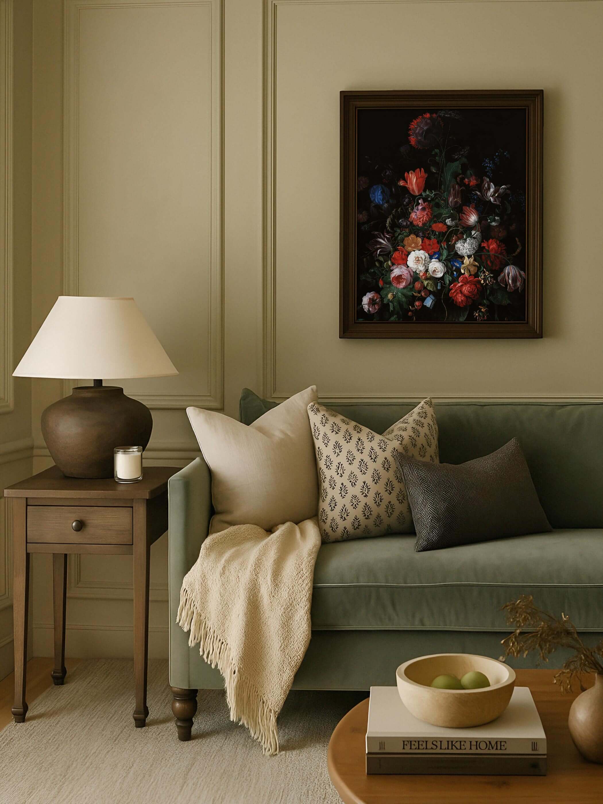 Dunkel gerahmter Kunstdruck mit barockem Blumenstillleben hängt an einer olivgrünen Wand über einem salbeigrünen Samtsofa mit gemusterten Kissen. Das farbenprächtige, dunkle Motiv setzt einen eleganten Akzent im gemütlichen Wohnzimmer.