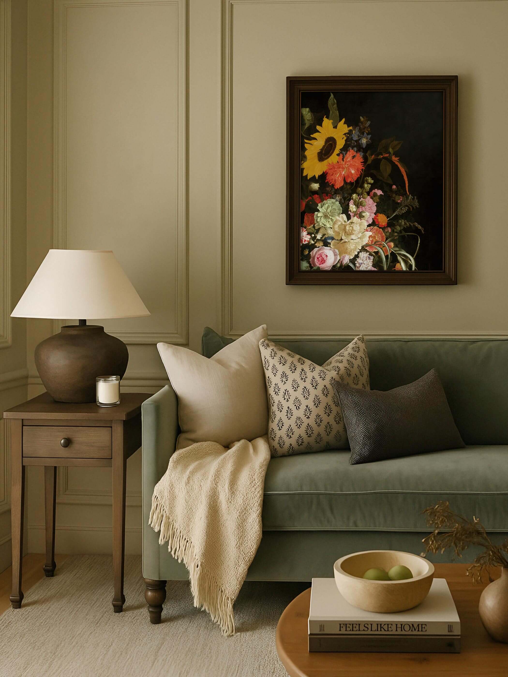 Dunkel gerahmter Kunstdruck mit barockem Blumenstillleben hängt an einer olivgrünen Wand über einem grünen Samtsofa mit gemusterten Kissen. Das farbenprächtige, dunkle Motiv fügt sich harmonisch in die gedeckte Wohnzimmergestaltung ein.