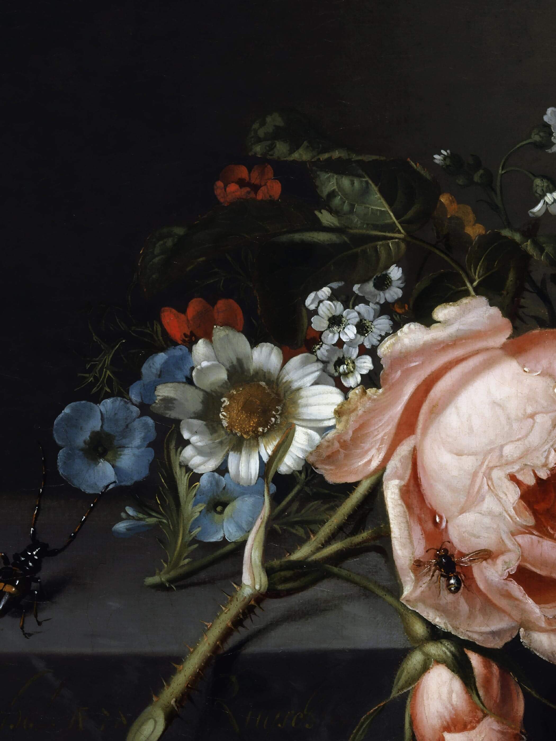 Nahaufnahme der rosafarbenen Rose mit einer Biene auf den Blütenblättern sowie blauen und weißen Wildblumen. Die feine Maltechnik und die naturgetreuen Insektendetails zeigen die Qualität dieses Barock Kunstdrucks im Detail.