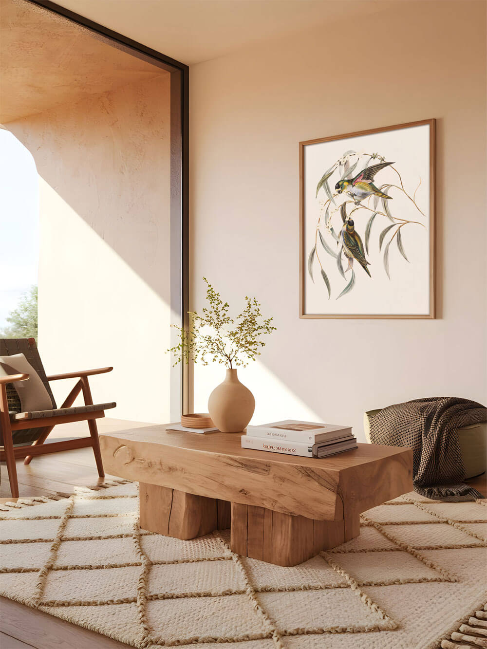 Kunstdruck einer Vintage-Vogelillustration, stilvoll gerahmt und an einer hellen Wand im modernen Wohnzimmer über einem massiven Holz-Couchtisch platziert.