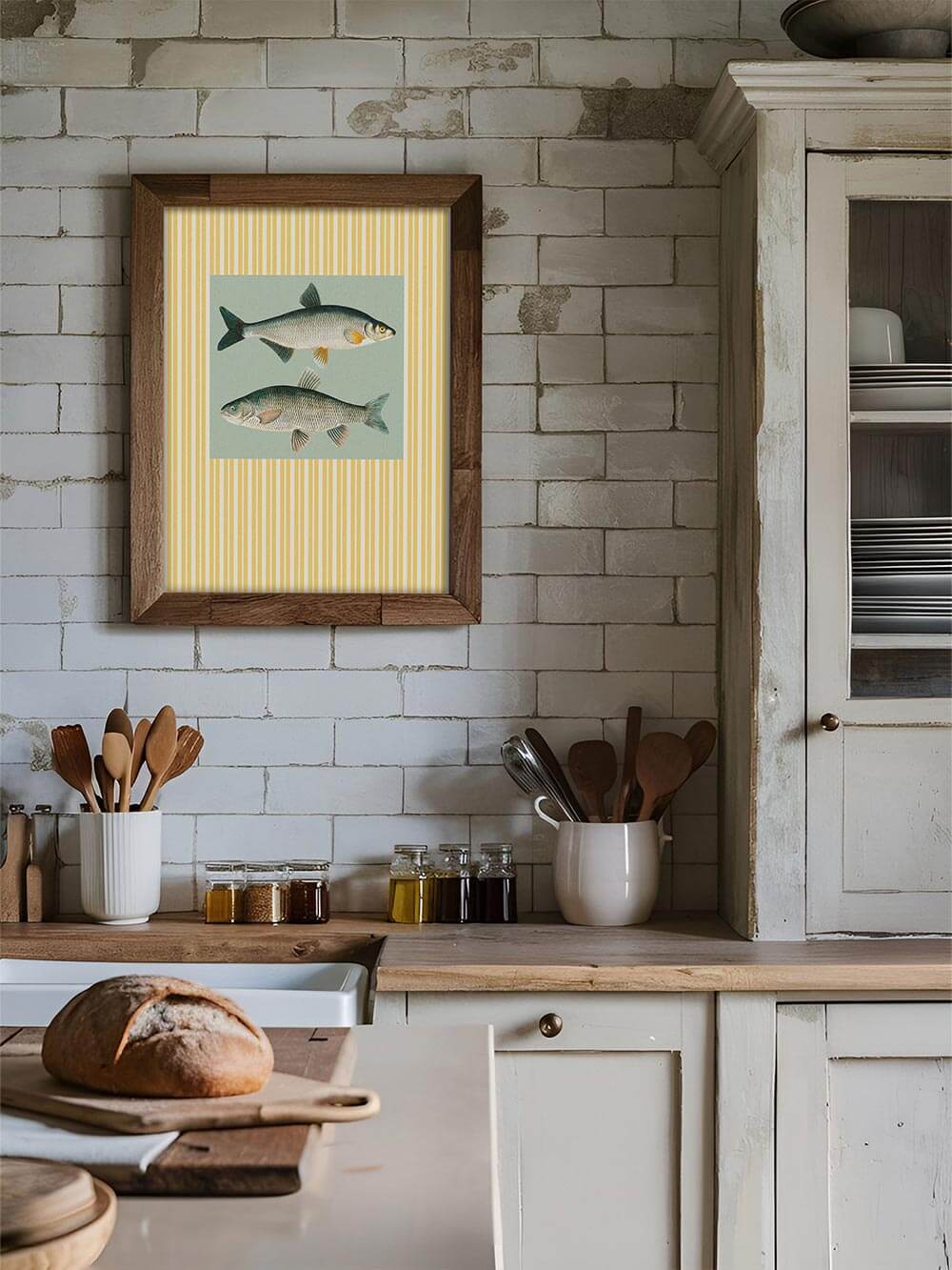 Fisch-Illustration im Holzrahmen auf weißer Fliesenwand über einer rustikalen Küchenzeile. Der Kunstdruck fügt sich harmonisch in das gemütliche Vintage-Ambiente ein.