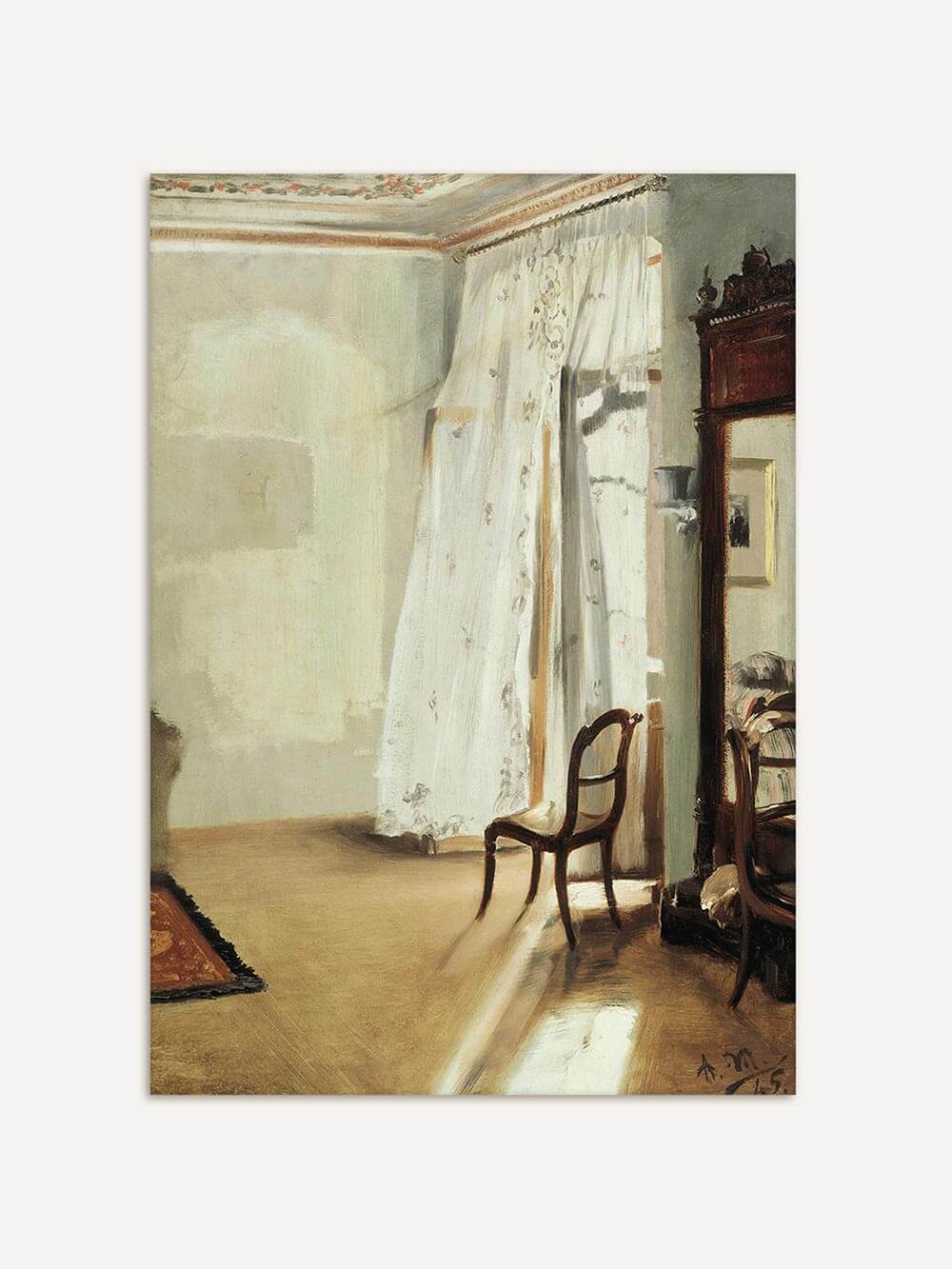 Kunstdruck eines lichtdurchfluteten Vintage-Interieurs mit eleganten Möbeln, floralen Vorhängen und warmen Erdtönen. Die impressionistische Malweise verleiht dem Bild eine ruhige, zeitlose Ausstrahlung – ideal für klassische oder moderne Wohnräume.